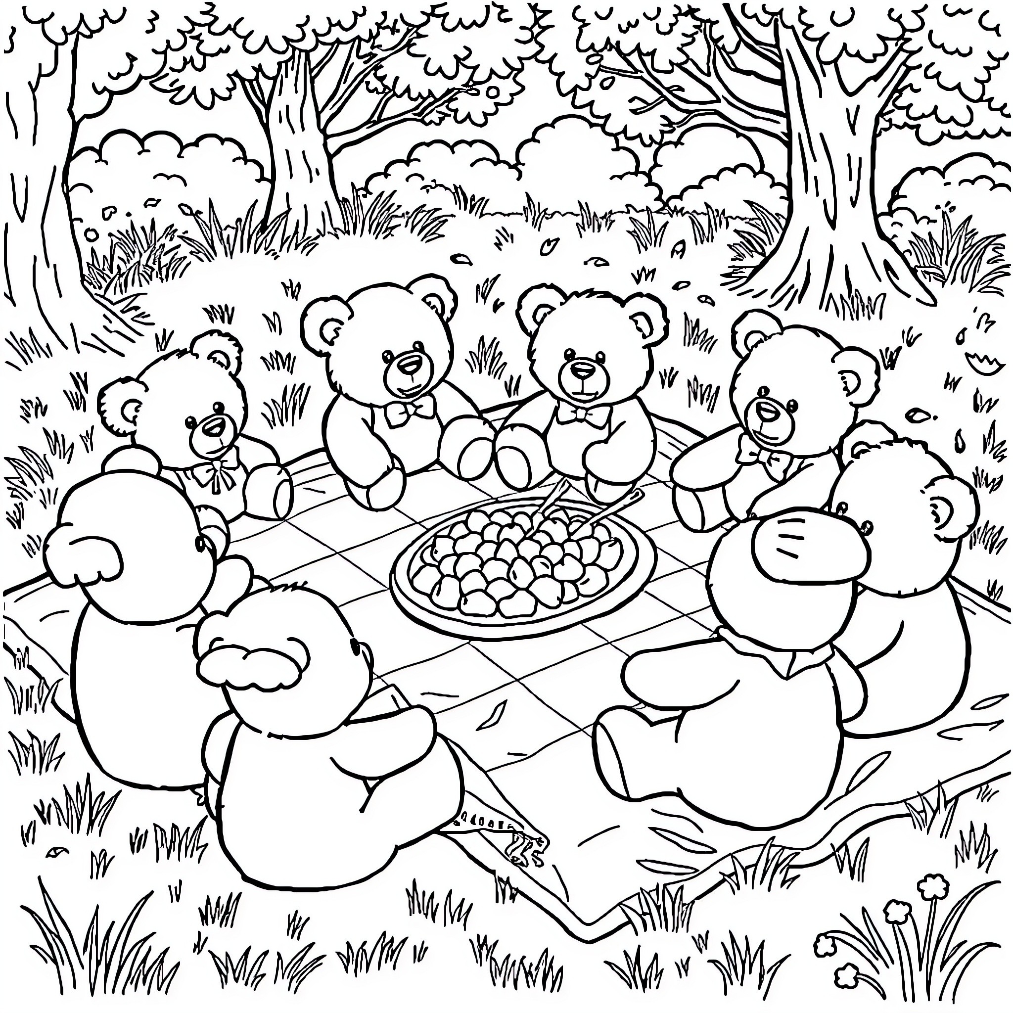 Teddy Bears Enjoying a Picnic in the Forest Coloring Page (free black-and-white line drawing printable PDF for all, from beginners to advanced learners, including children, teens, adults, and seniors)