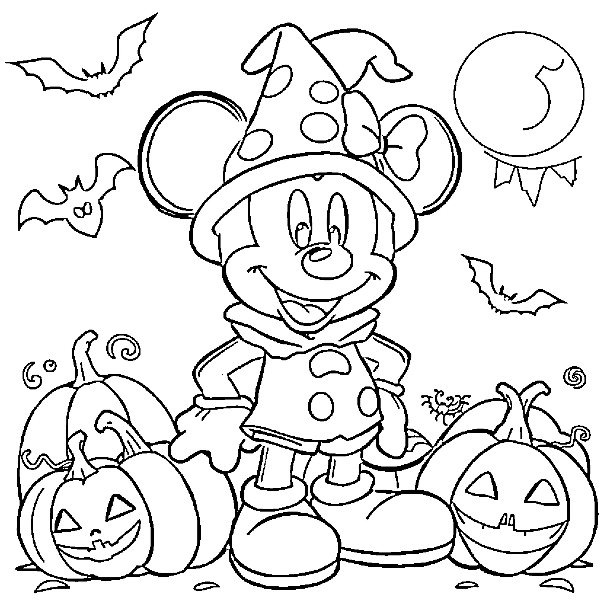 Mickey Mouse enjoying Halloween with pumpkins and bats Coloring Page (free black-and-white line drawing printable PDF for all, from beginners to advanced learners, including children, teens, adults, and seniors)