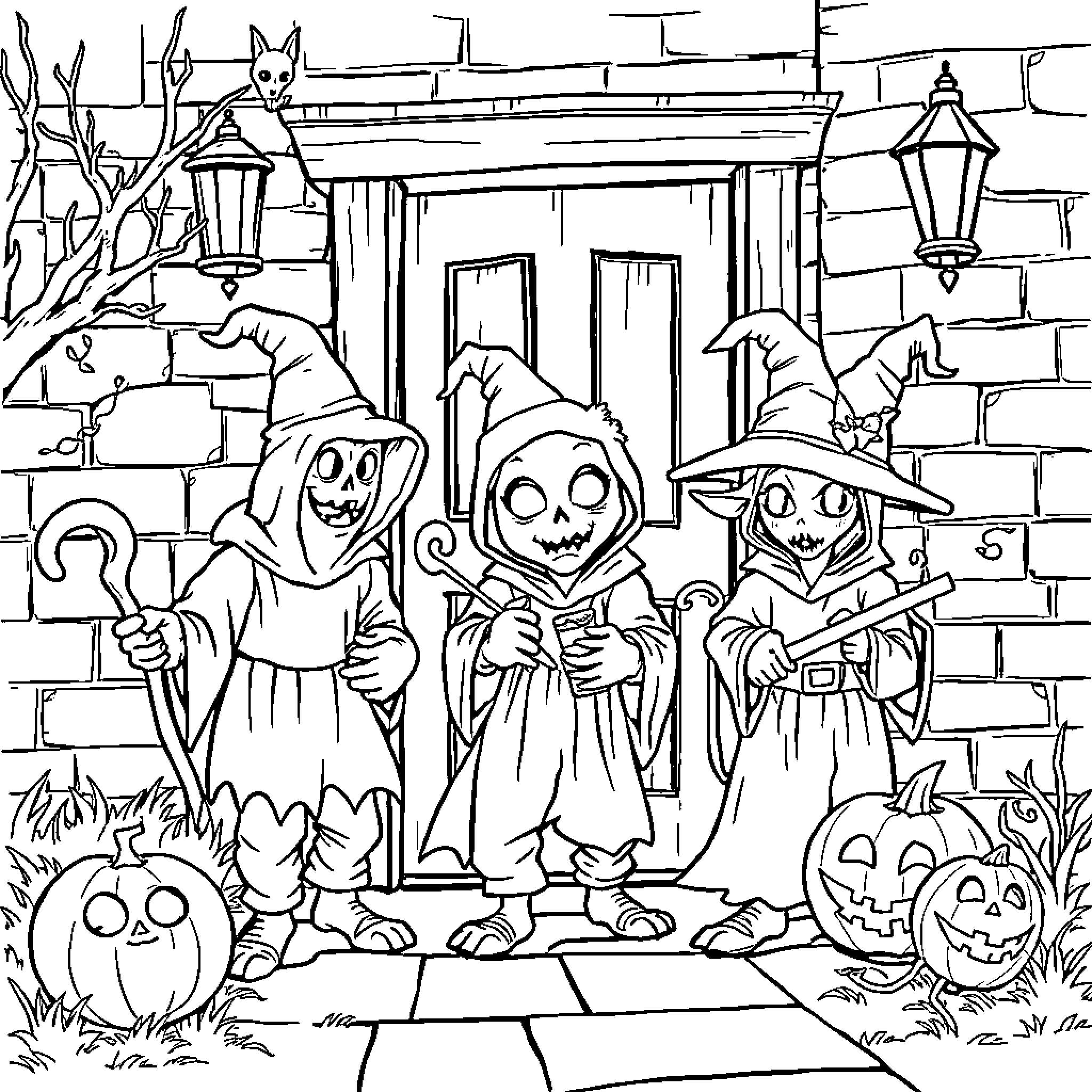 Creature Trick-or-Treating in Spooky Neighborhood Coloring Page (free black-and-white line drawing printable PDF for all, from beginners to advanced learners, including children, teens, adults, and seniors)