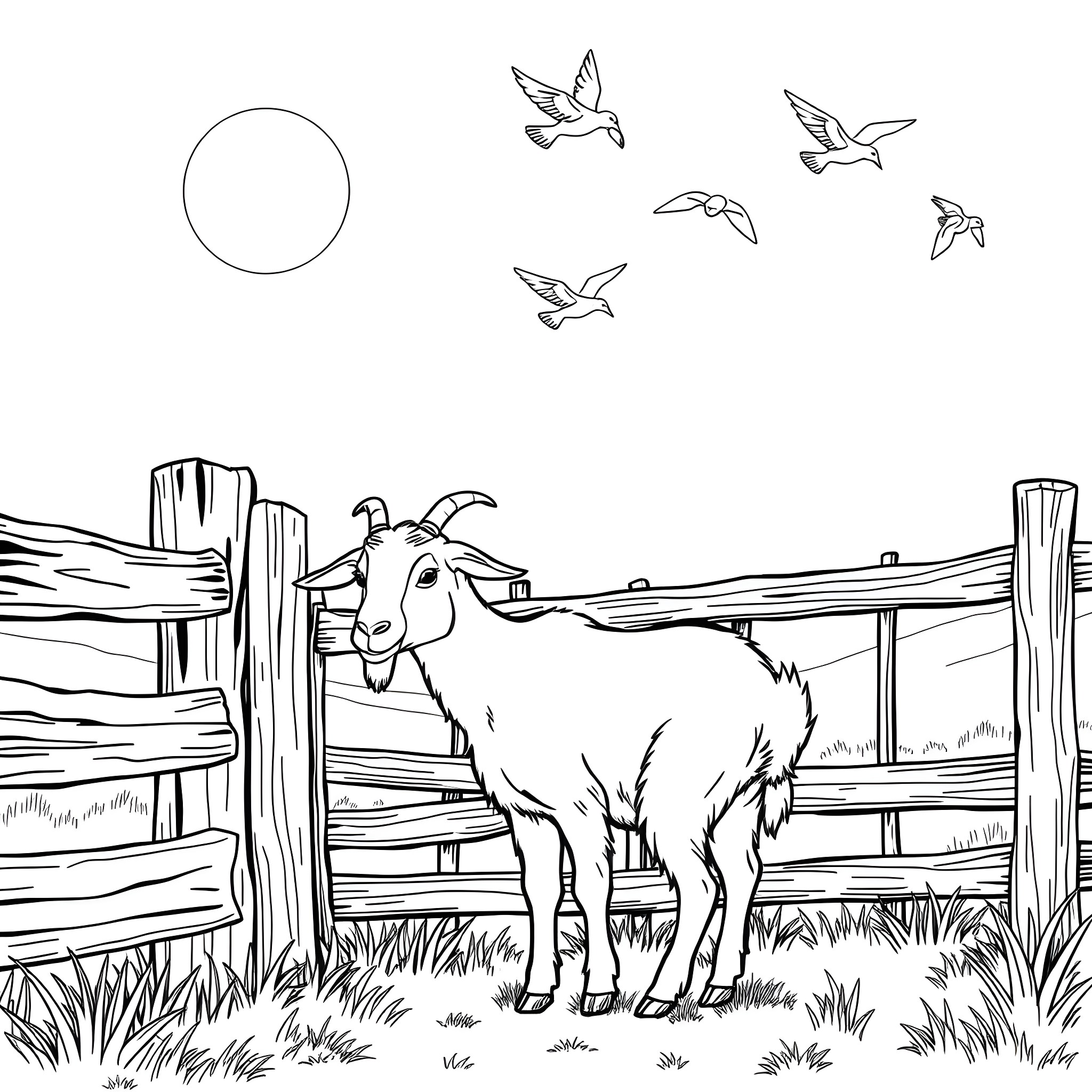 Goat standing in a fenced field with flying birds Coloring Page (free black-and-white line drawing printable PDF for all, from beginners to advanced learners, including children, teens, adults, and seniors)