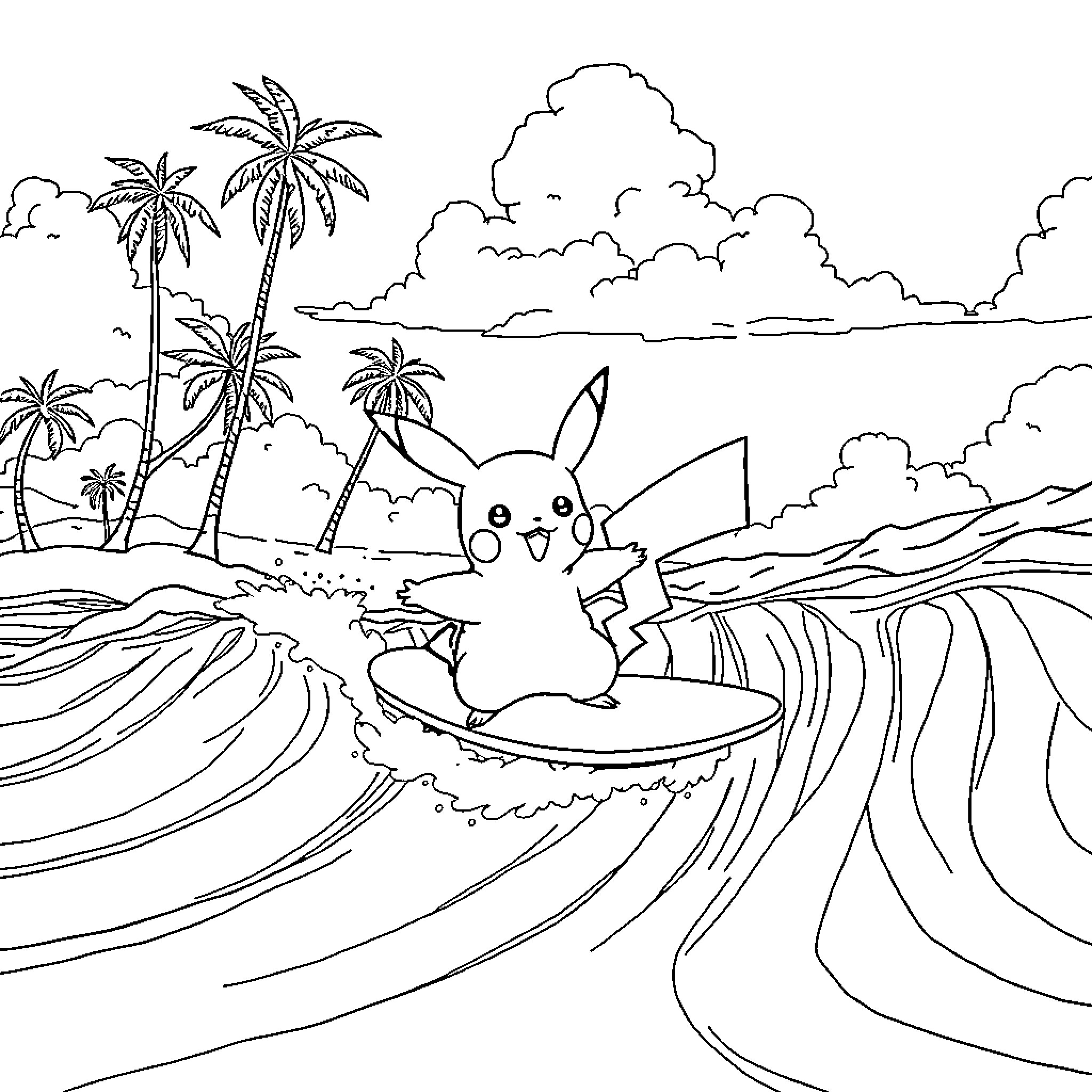 Pikachu surfing on tropical waves Coloring Page (free black-and-white line drawing printable PDF for all, from beginners to advanced learners, including children, teens, adults, and seniors)