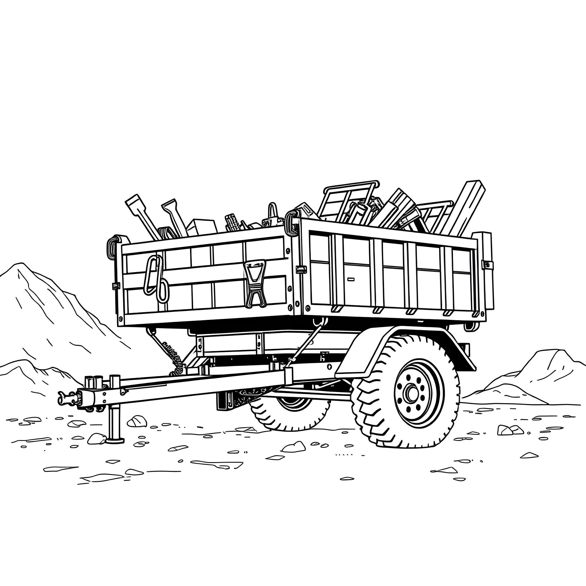 Dump Trailer Carrying Construction Tools in Rugged Terrain Coloring Page (free black-and-white line drawing printable PDF for all, from beginners to advanced learners, including children, teens, adults, and seniors)