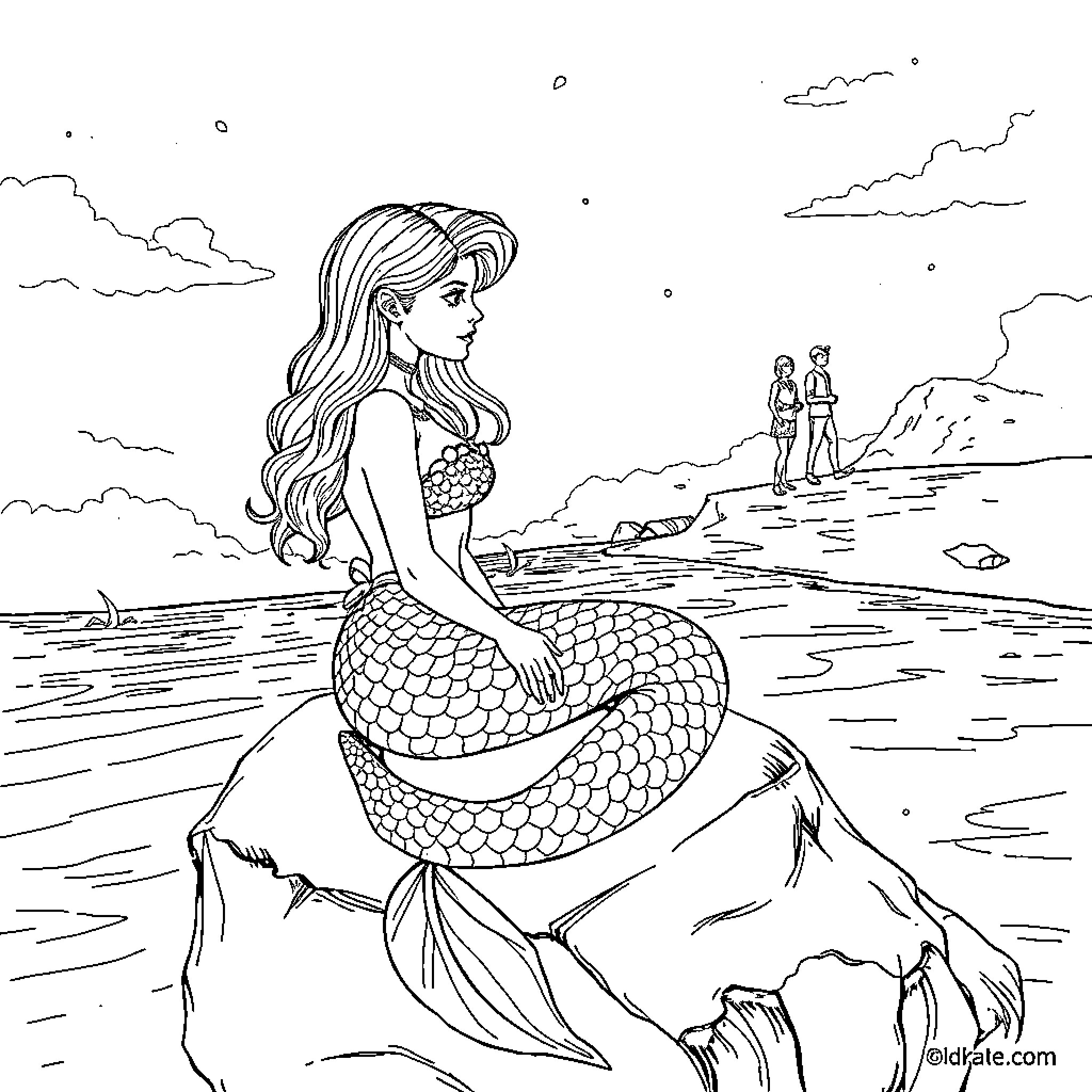 Mermaid gazing at beachgoers from the shore Coloring Page (free black-and-white line drawing printable PDF for all, from beginners to advanced learners, including children, teens, adults, and seniors)