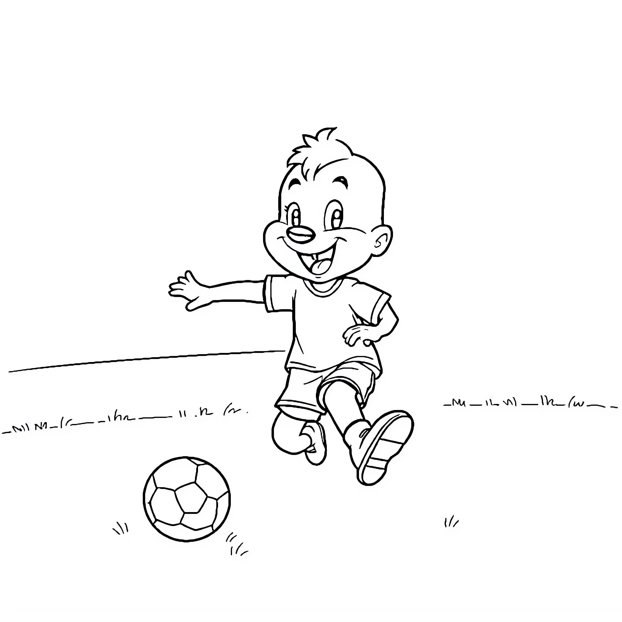 Bluey playing happily with a soccer ball Coloring Page (free black-and-white line drawing printable PDF for all, from beginners to advanced learners, including children, teens, adults, and seniors)
