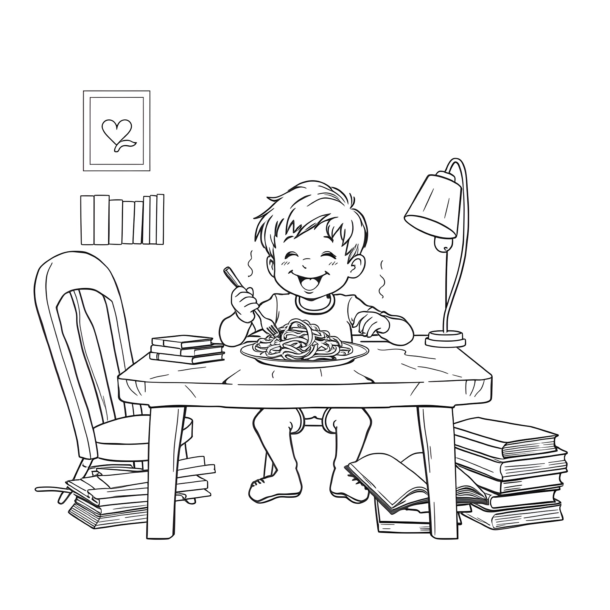 Kid eating spaghetti happily at the table Coloring Page (free black-and-white line drawing printable PDF for all, from beginners to advanced learners, including children, teens, adults, and seniors)