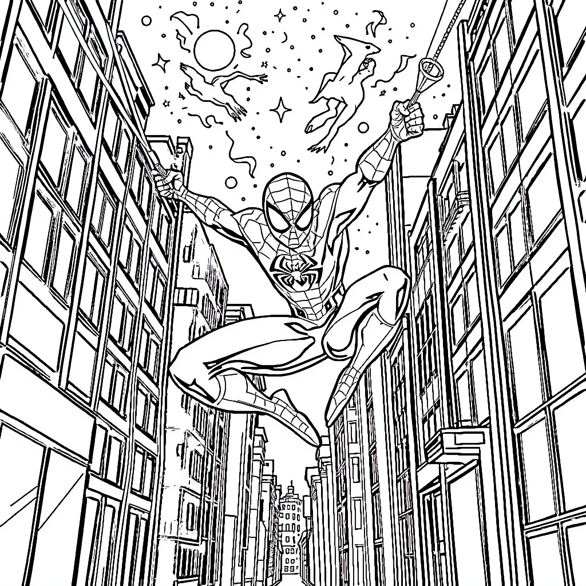 Spiderman swinging through the city at night Coloring Page (free black-and-white line drawing printable PDF for all, from beginners to advanced learners, including children, teens, adults, and seniors)