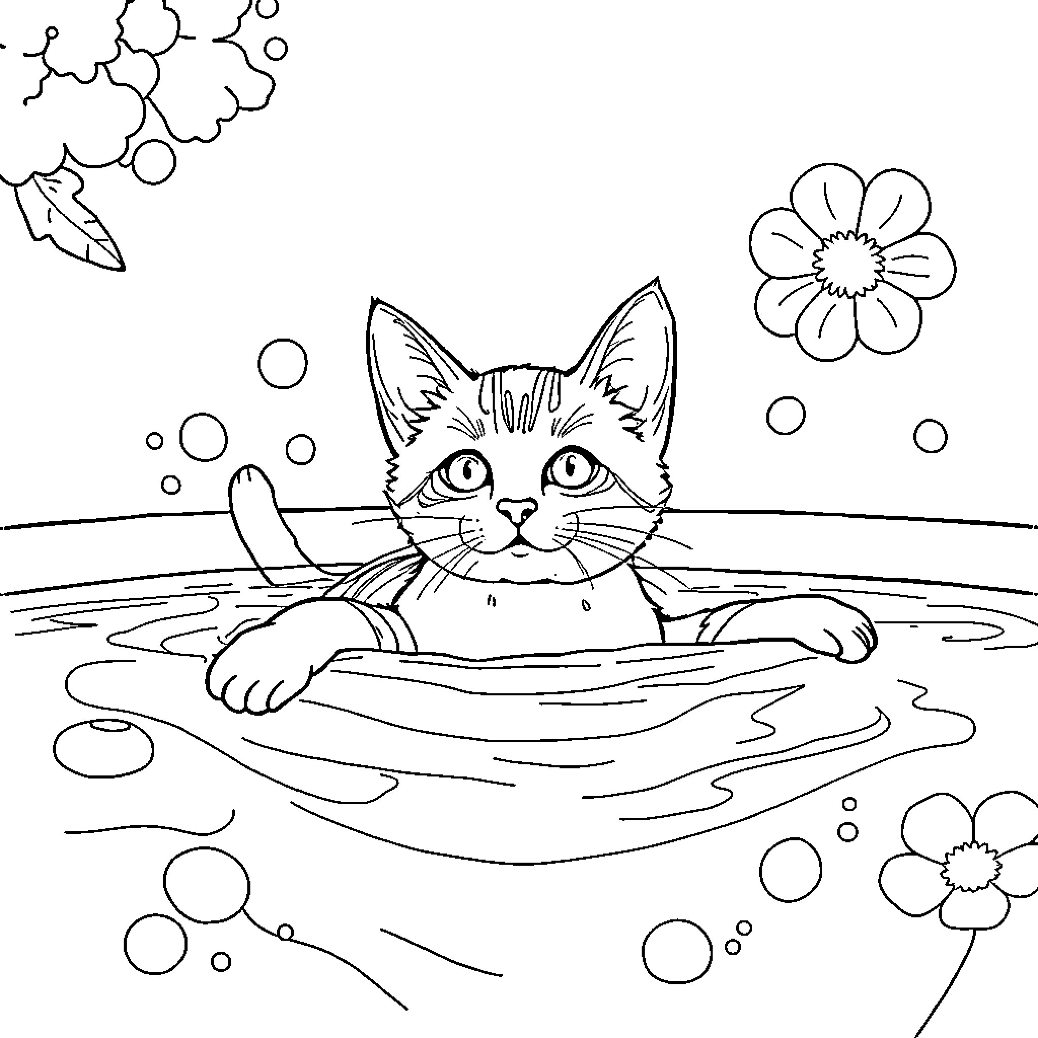 Cat relaxing in pond surrounded by flowers Coloring Page (free black-and-white line drawing printable PDF for all, from beginners to advanced learners, including children, teens, adults, and seniors)