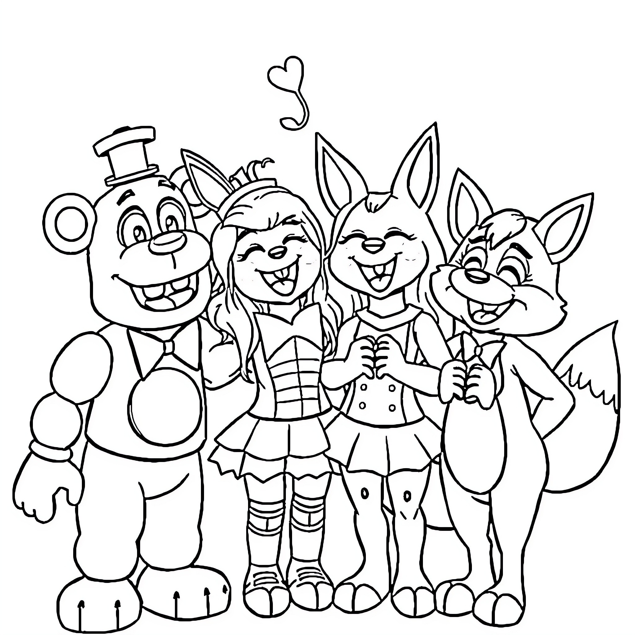 Freddy and Friends Enjoying Playful Antics Coloring Page (free black-and-white line drawing printable PDF for all, from beginners to advanced learners, including children, teens, adults, and seniors)