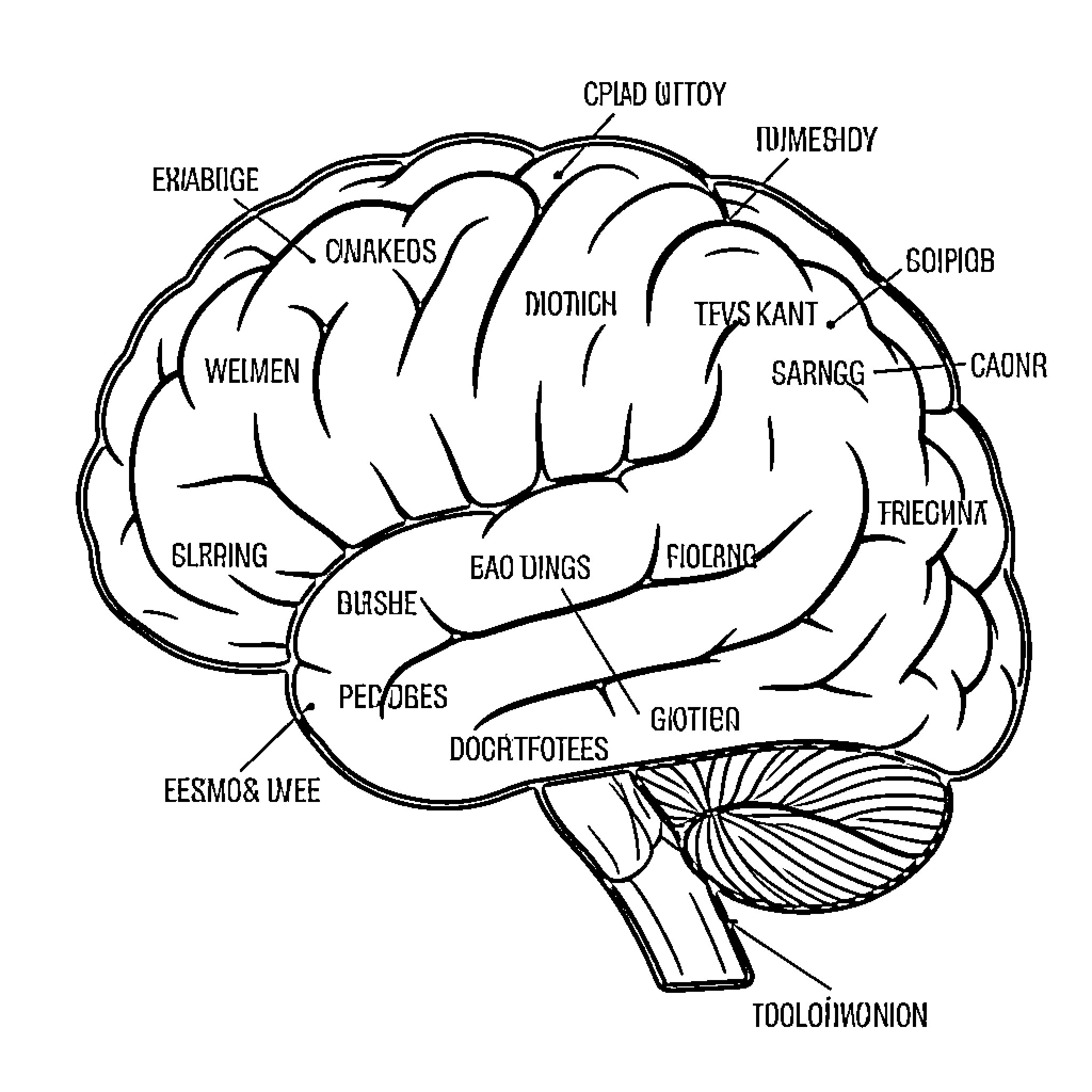 Brain functions and structures diagram Coloring Page (free black-and-white line drawing printable PDF for all, from beginners to advanced learners, including children, teens, adults, and seniors)