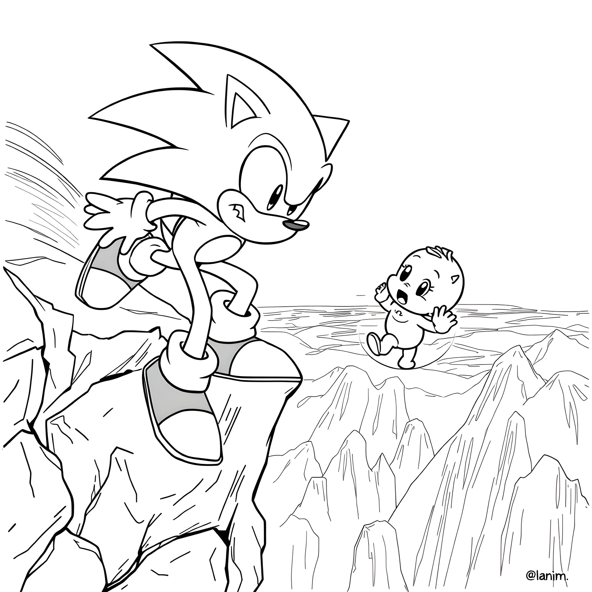 Sonic racing through a rugged landscape with a companion Coloring Page (free black-and-white line drawing printable PDF for all, from beginners to advanced learners, including children, teens, adults, and seniors)