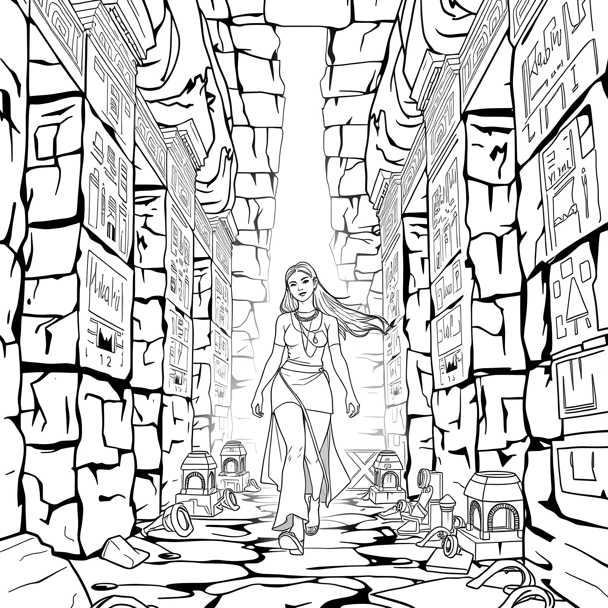 Ariana Grande walking through a dystopian city landscape Coloring Page (free black-and-white line drawing printable PDF for all, from beginners to advanced learners, including children, teens, adults, and seniors)