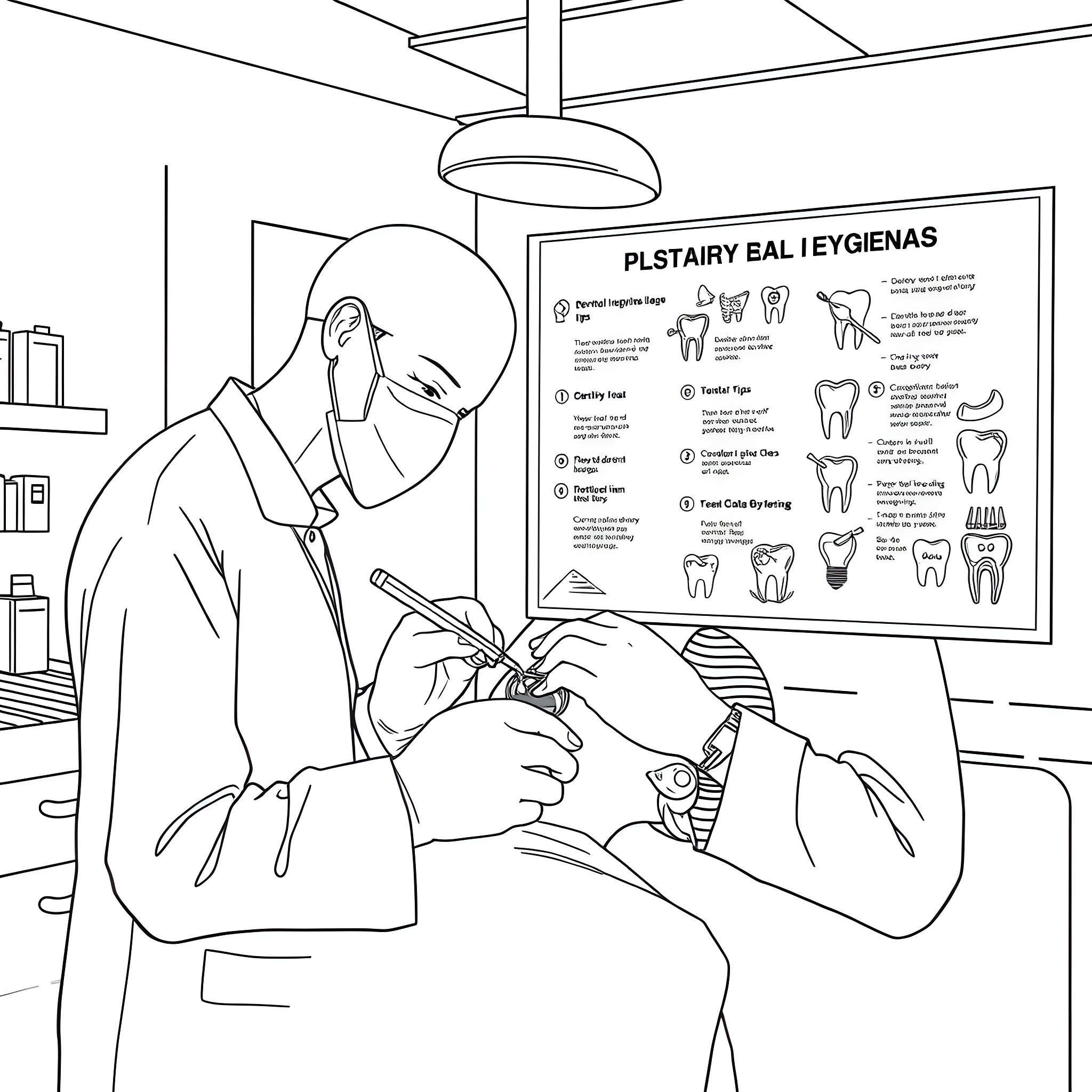 Dentist examining patient's teeth in dental clinic Coloring Page (free black-and-white line drawing printable PDF for all, from beginners to advanced learners, including children, teens, adults, and seniors)