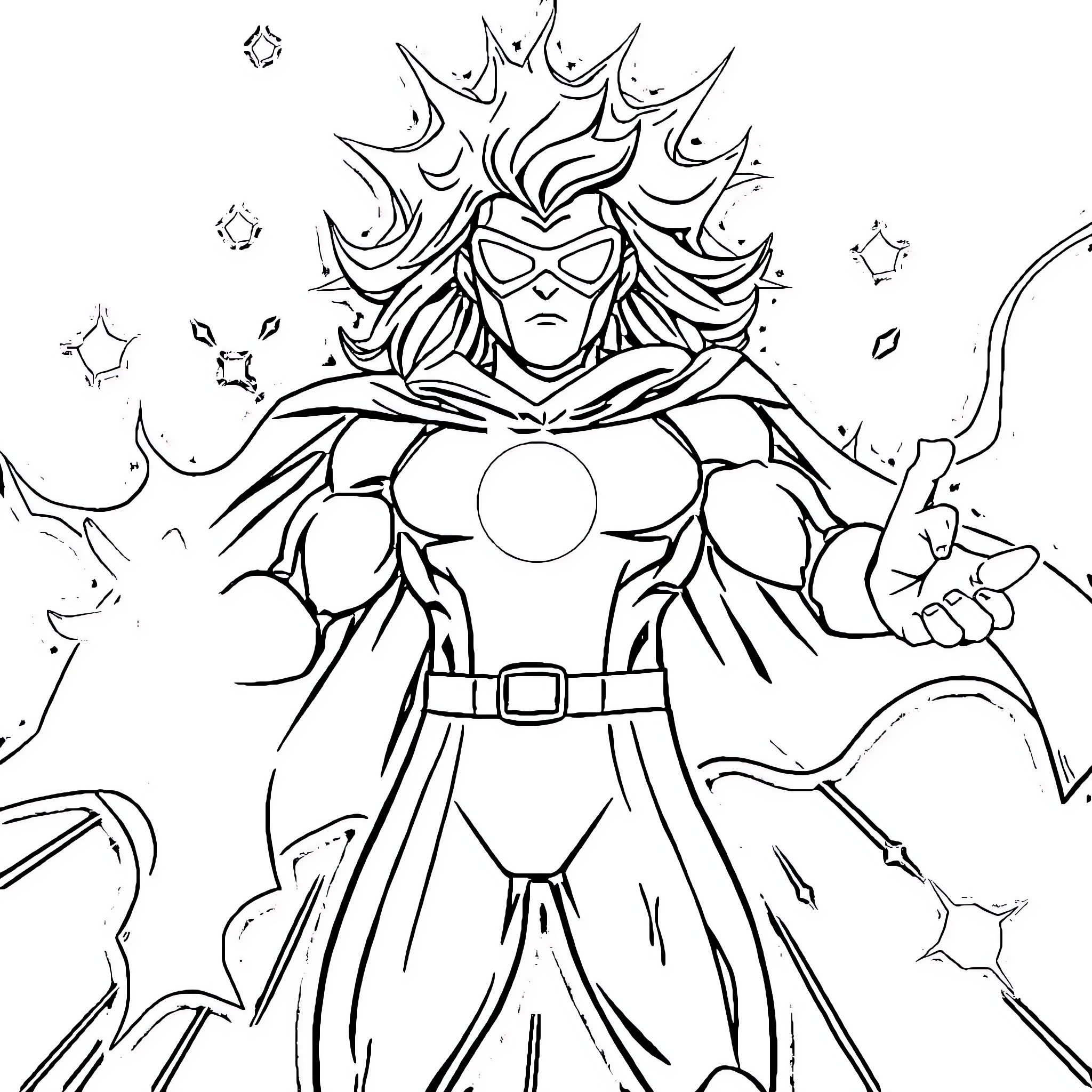 Solar Flare: Superhero in Heroic Pose Coloring Page (free black-and-white line drawing printable PDF for all, from beginners to advanced learners, including children, teens, adults, and seniors)