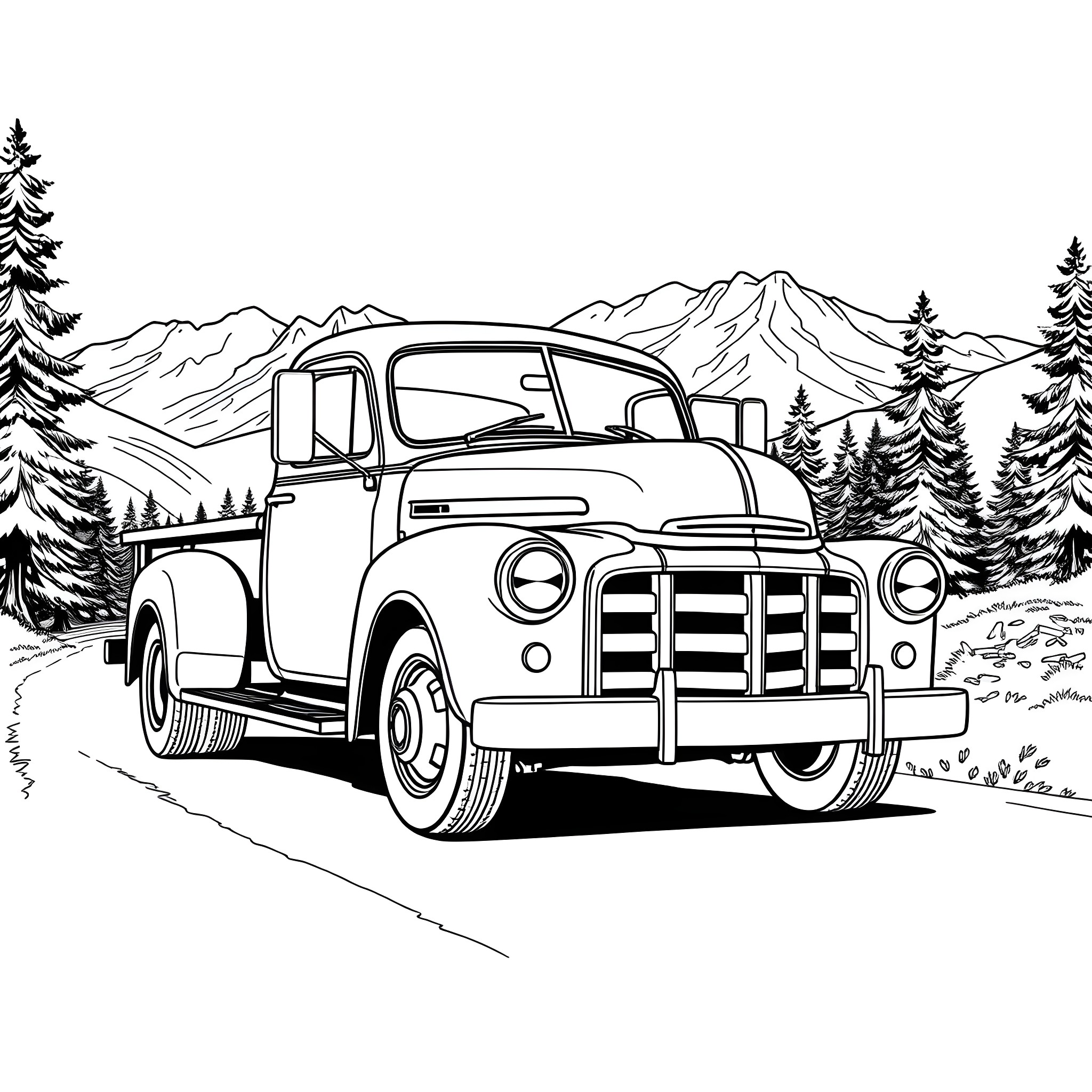 Truck on a mountain road with pine trees Coloring Page (free black-and-white line drawing printable PDF for all, from beginners to advanced learners, including children, teens, adults, and seniors)