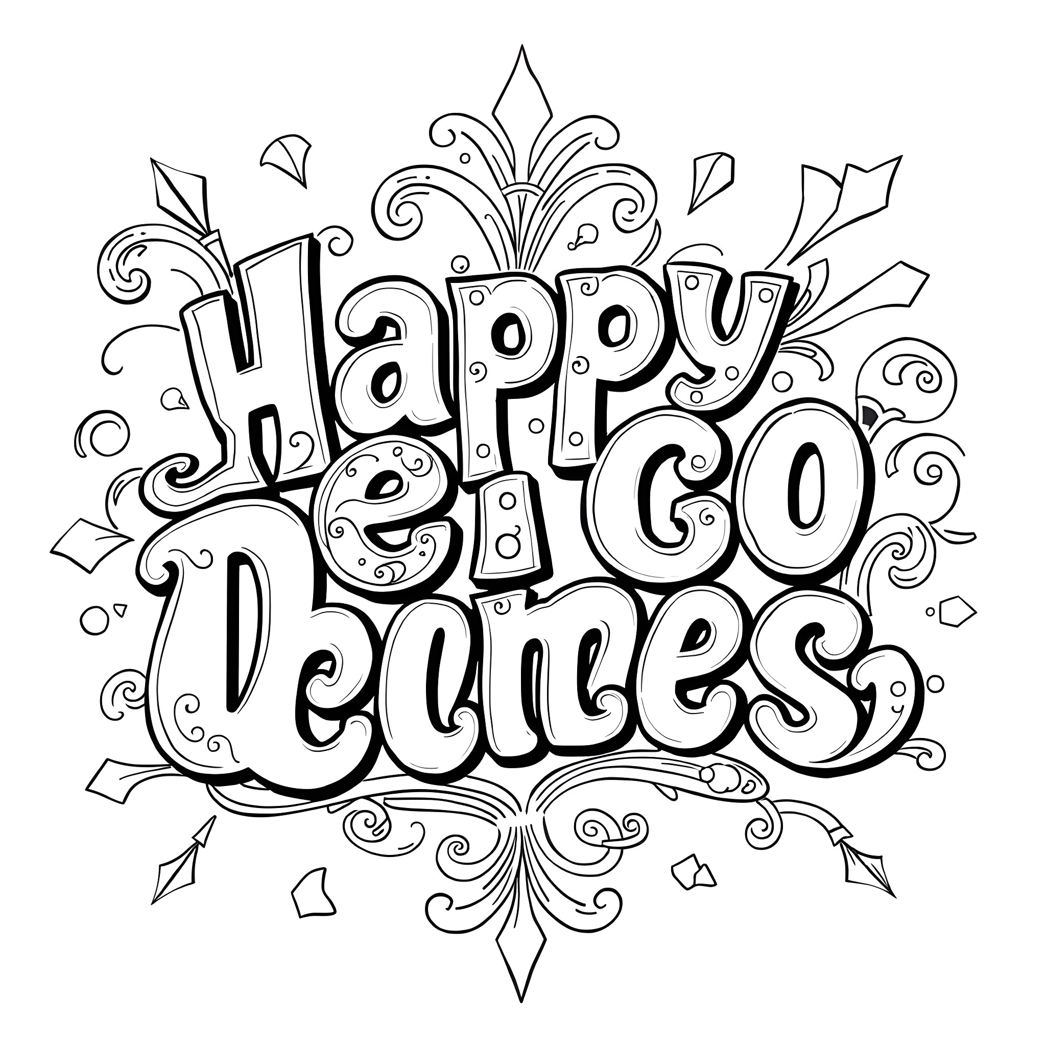 Bubble Lettering Happy Leggo Deeds Coloring Page (free black-and-white line drawing printable PDF for all, from beginners to advanced learners, including children, teens, adults, and seniors)