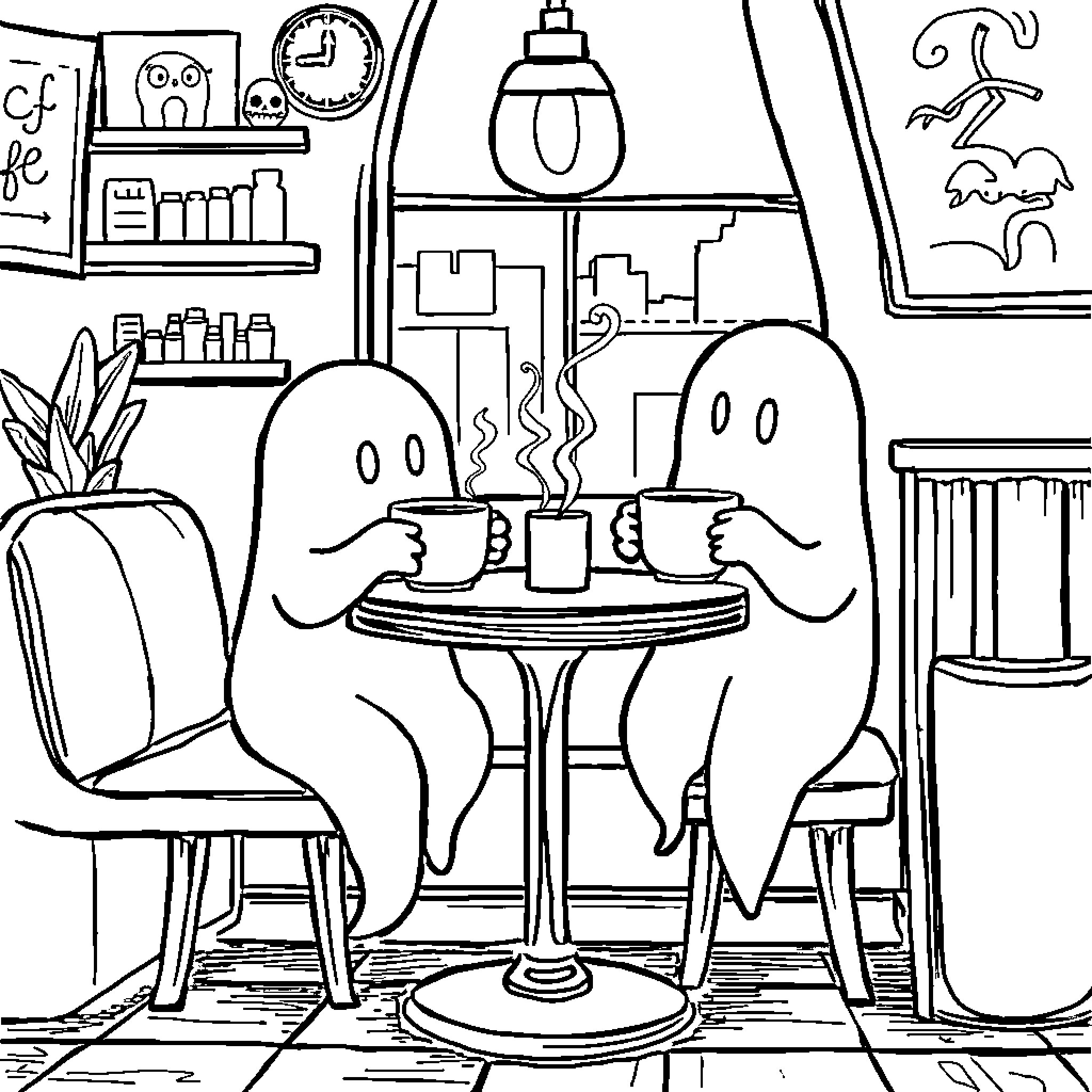 Ghost Companions Enjoying a Cozy Cafe Moment Coloring Page (free black-and-white line drawing printable PDF for all, from beginners to advanced learners, including children, teens, adults, and seniors)
