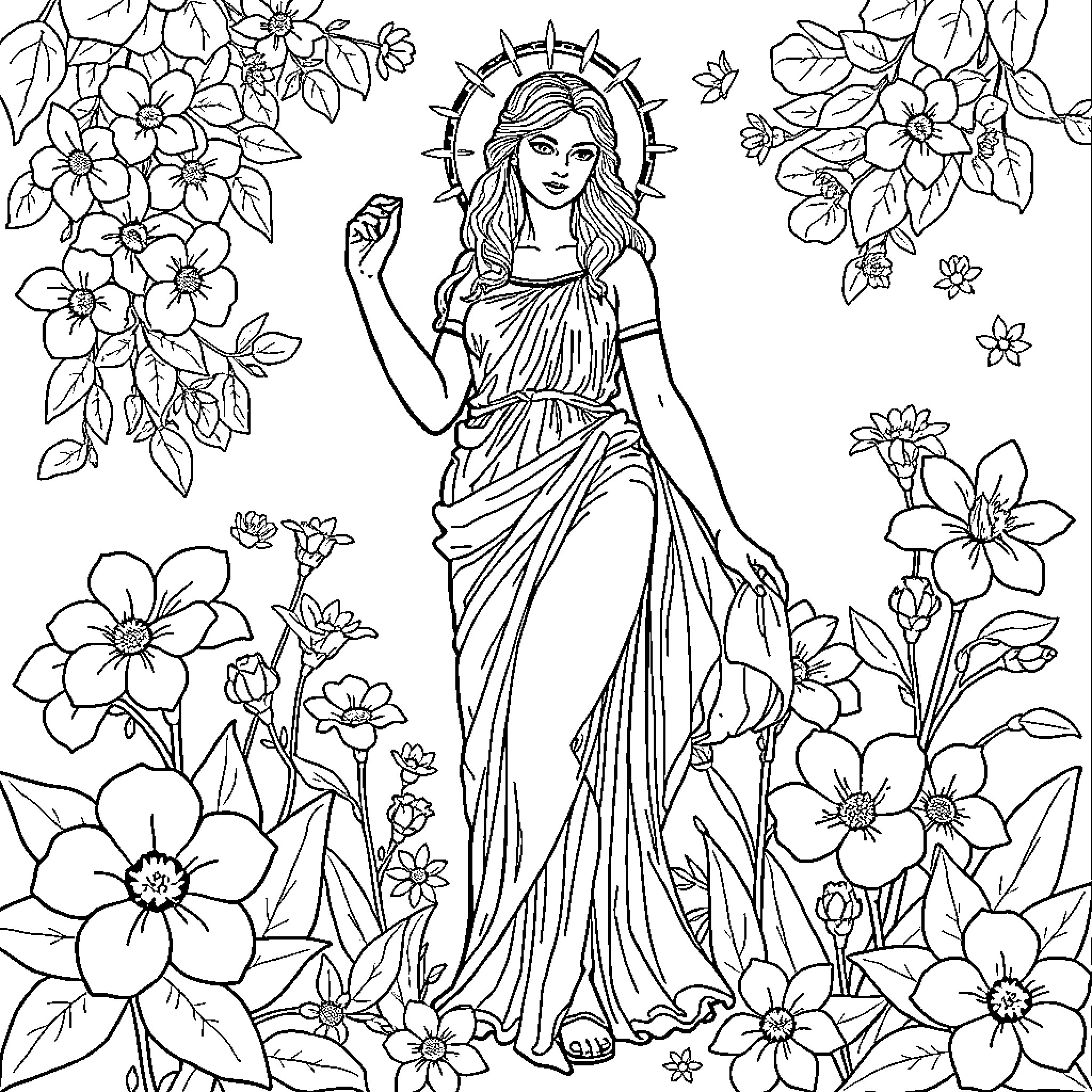 Goddess amidst blooming flowers Coloring Page (free black-and-white line drawing printable PDF for all, from beginners to advanced learners, including children, teens, adults, and seniors)