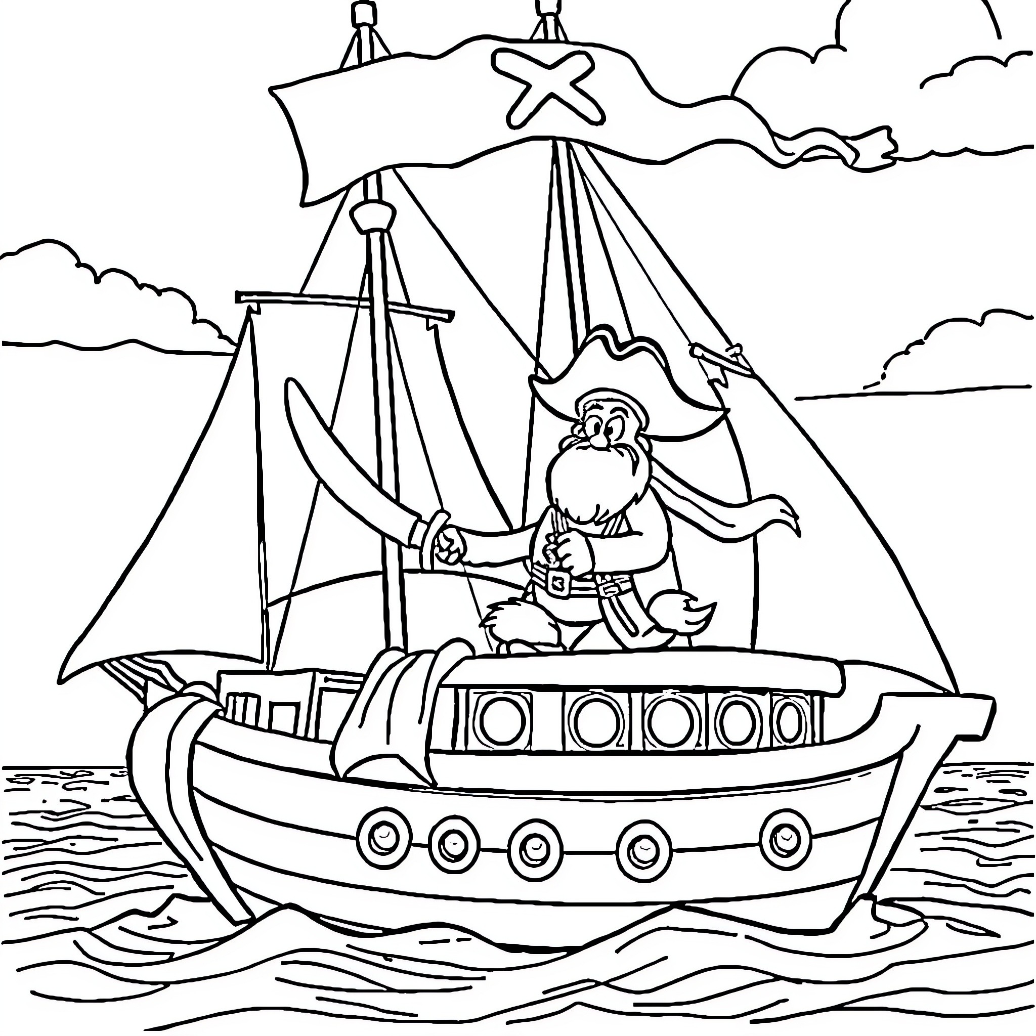 Paw Patrol pirate ship sailing on the high seas Coloring Page (free black-and-white line drawing printable PDF for all, from beginners to advanced learners, including children, teens, adults, and seniors)