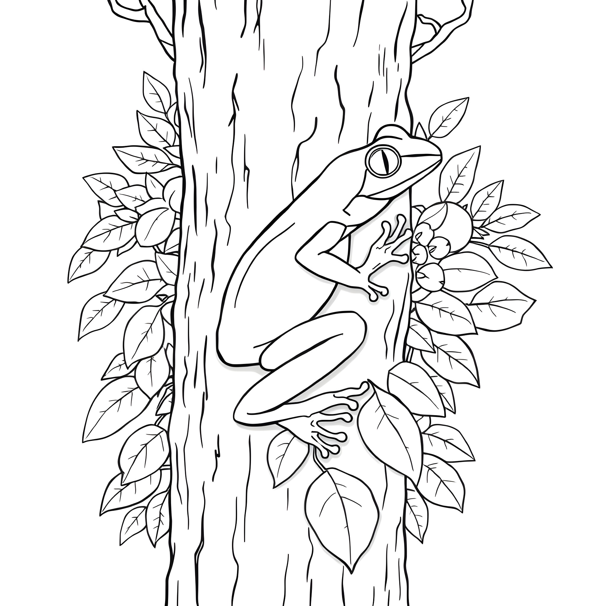 Frog resting on a tree with leaves Coloring Page (free black-and-white line drawing printable PDF for all, from beginners to advanced learners, including children, teens, adults, and seniors)