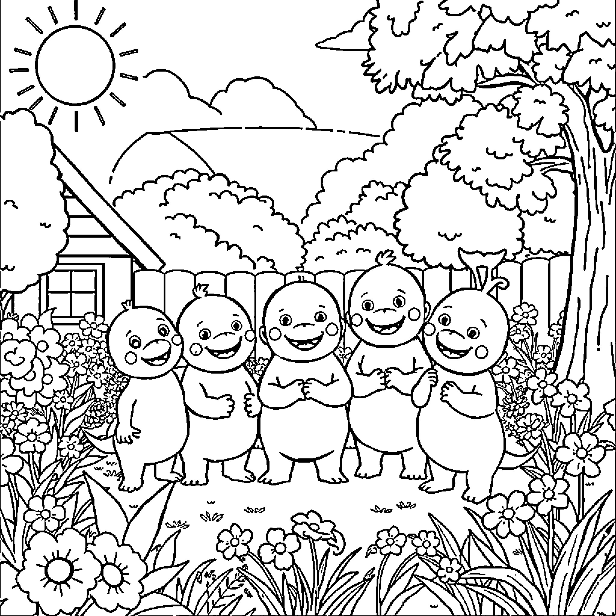Backyardigans enjoying nature and each other's company Coloring Page (free black-and-white line drawing printable PDF for all, from beginners to advanced learners, including children, teens, adults, and seniors)
