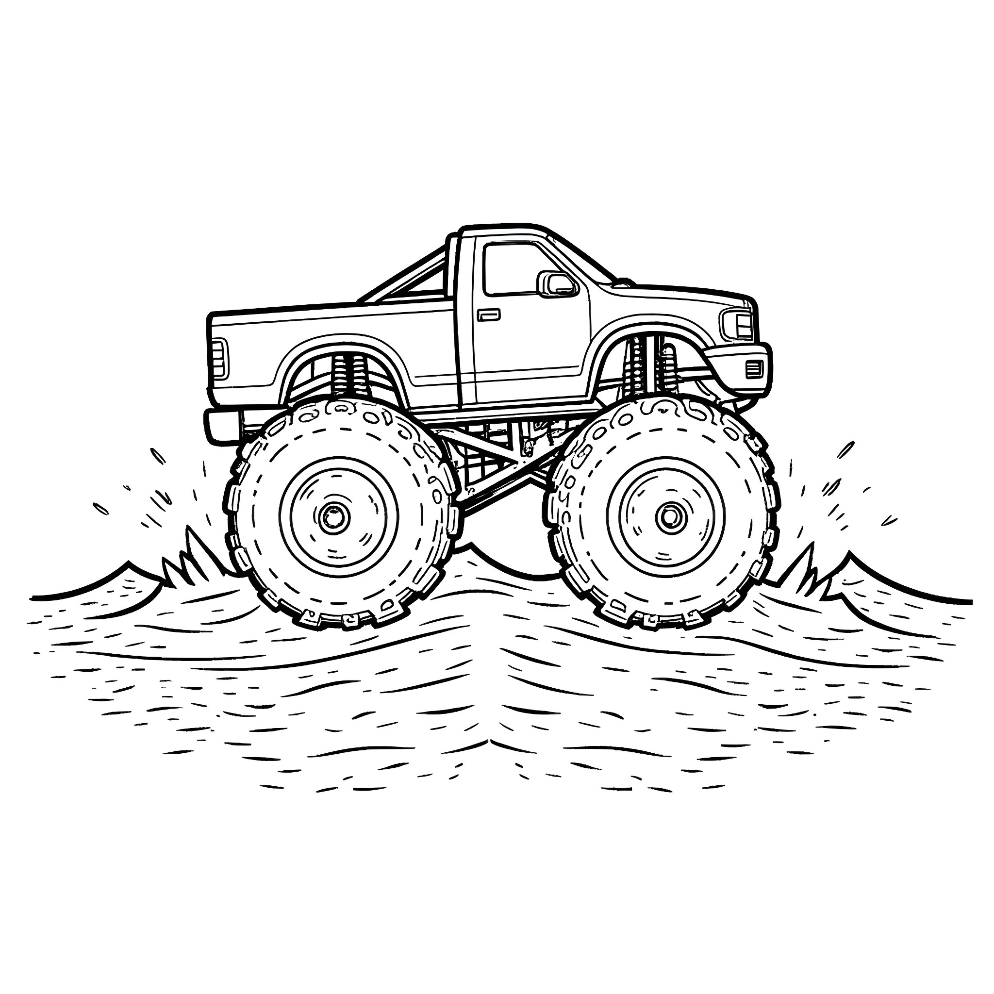 Monster Truck Crushing Through the Mud Coloring Page (free black-and-white line drawing printable PDF for all, from beginners to advanced learners, including children, teens, adults, and seniors)