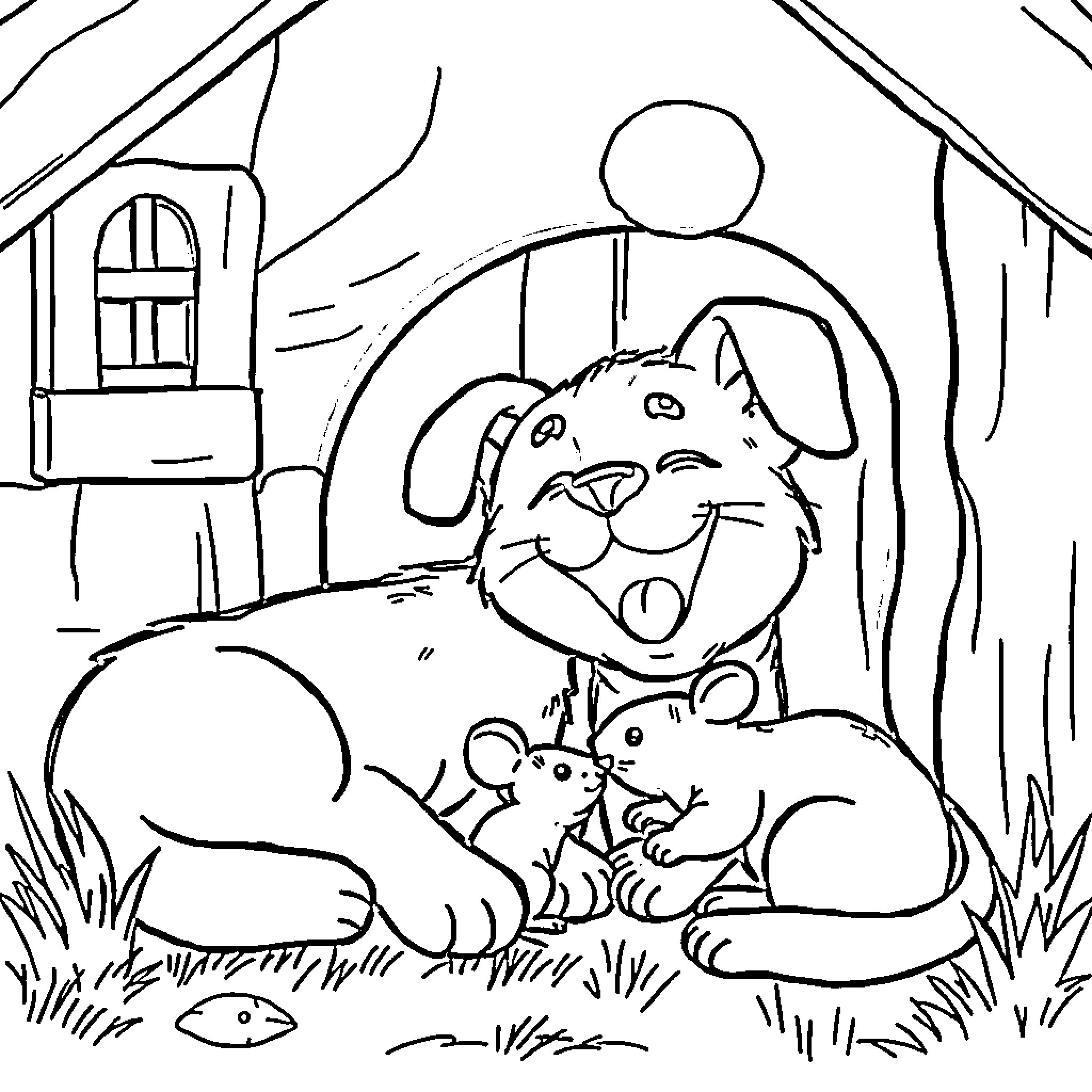 Catdog playing with mouse in the field Coloring Page (free black-and-white line drawing printable PDF for all, from beginners to advanced learners, including children, teens, adults, and seniors)