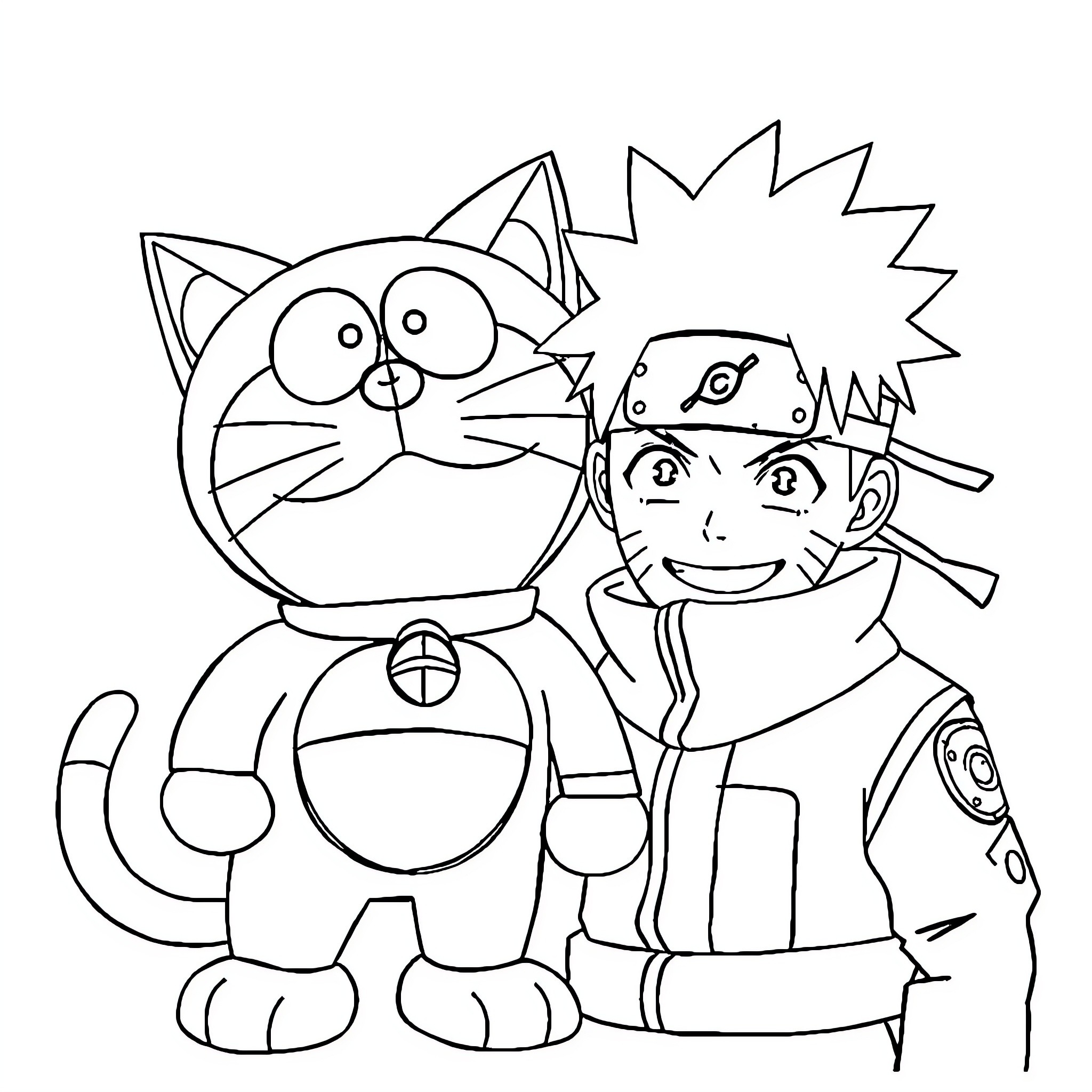 Doraemon and a young boy in adventure Coloring Page (free black-and-white line drawing printable PDF for all, from beginners to advanced learners, including children, teens, adults, and seniors)