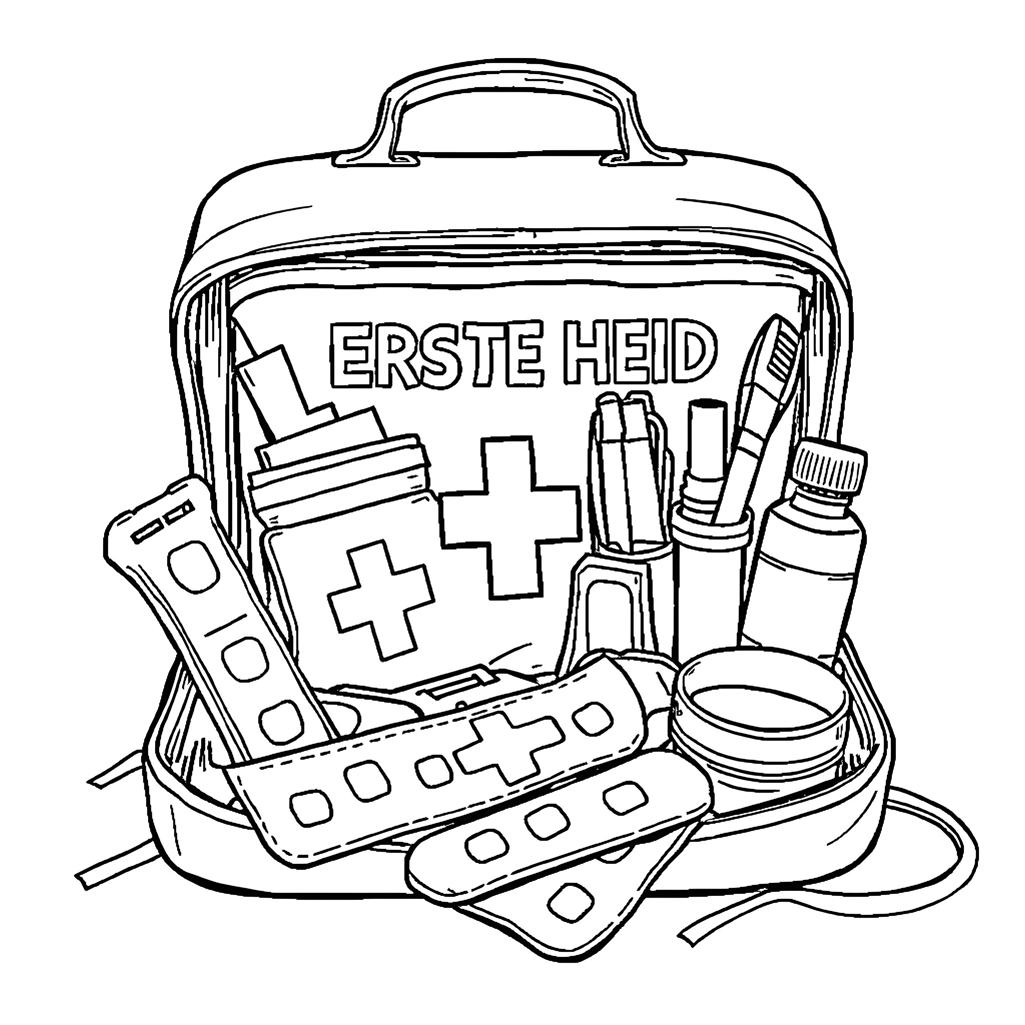 First Aid Kit with Medical Supplies Coloring Page (free black-and-white line drawing printable PDF for all, from beginners to advanced learners, including children, teens, adults, and seniors)