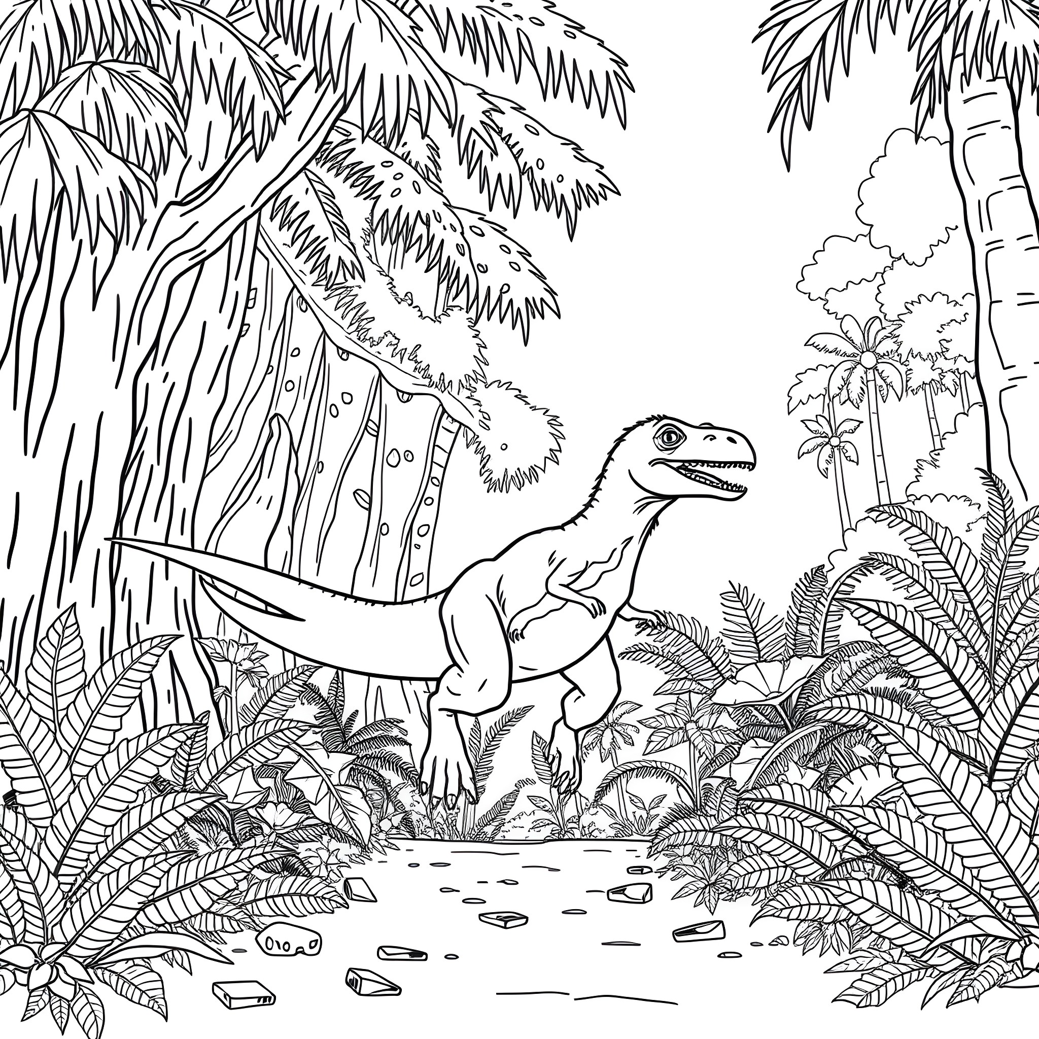 Blue Dinosaur Exploring the Tropical Landscape Coloring Page (free black-and-white line drawing printable PDF for all, from beginners to advanced learners, including children, teens, adults, and seniors)