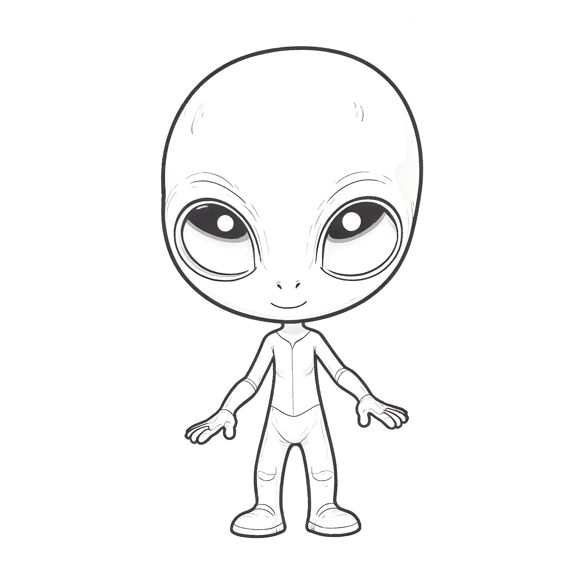 Alien figure with big eyes and simple design Coloring Page (free black-and-white line drawing printable PDF for all, from beginners to advanced learners, including children, teens, adults, and seniors)