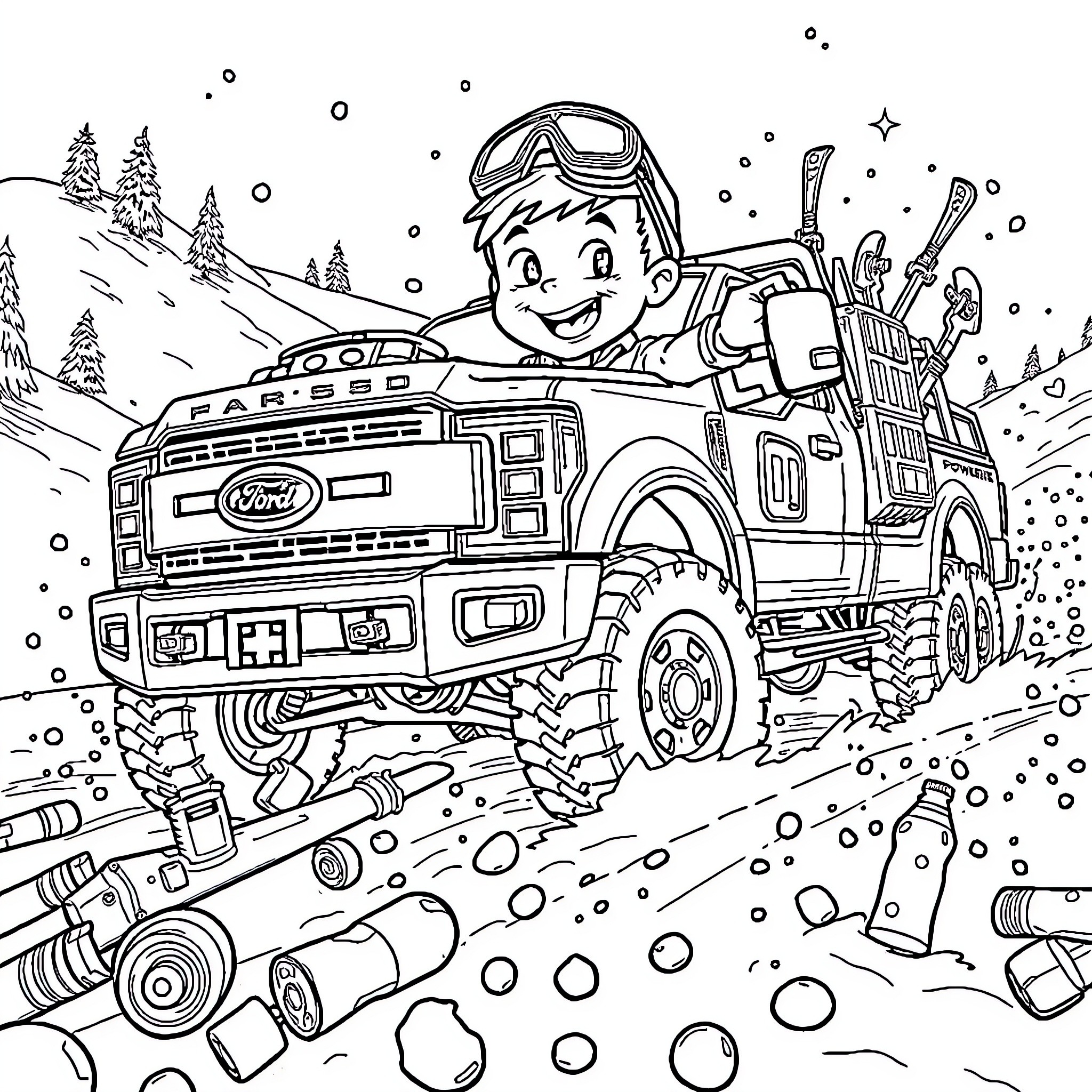 Boy driving a large snow truck in the winter landscape Coloring Page (free black-and-white line drawing printable PDF for all, from beginners to advanced learners, including children, teens, adults, and seniors)