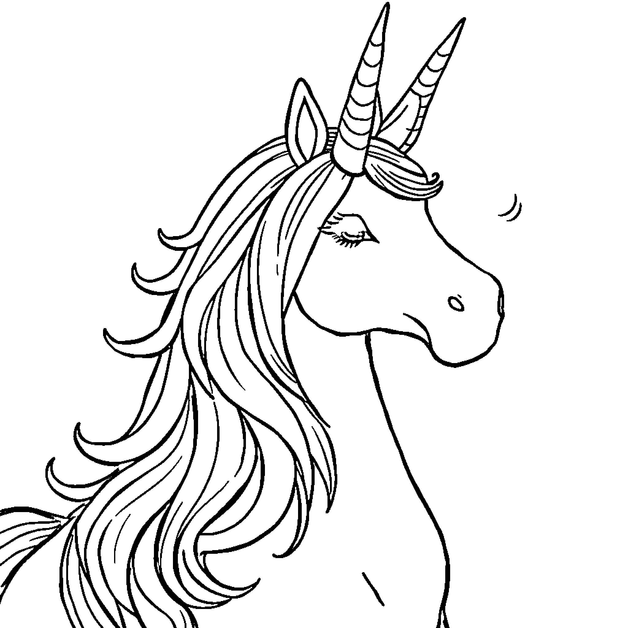 Unicorn with flowing mane and horn Coloring Page (free black-and-white line drawing printable PDF for all, from beginners to advanced learners, including children, teens, adults, and seniors)