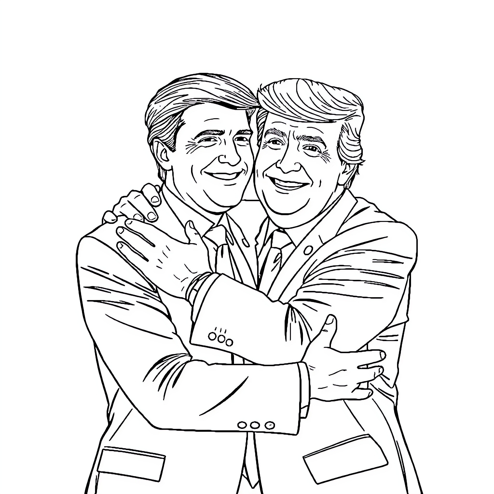 Macron Embracing with Cheerful Expression Coloring Page (free black-and-white line drawing printable PDF for all, from beginners to advanced learners, including children, teens, adults, and seniors)