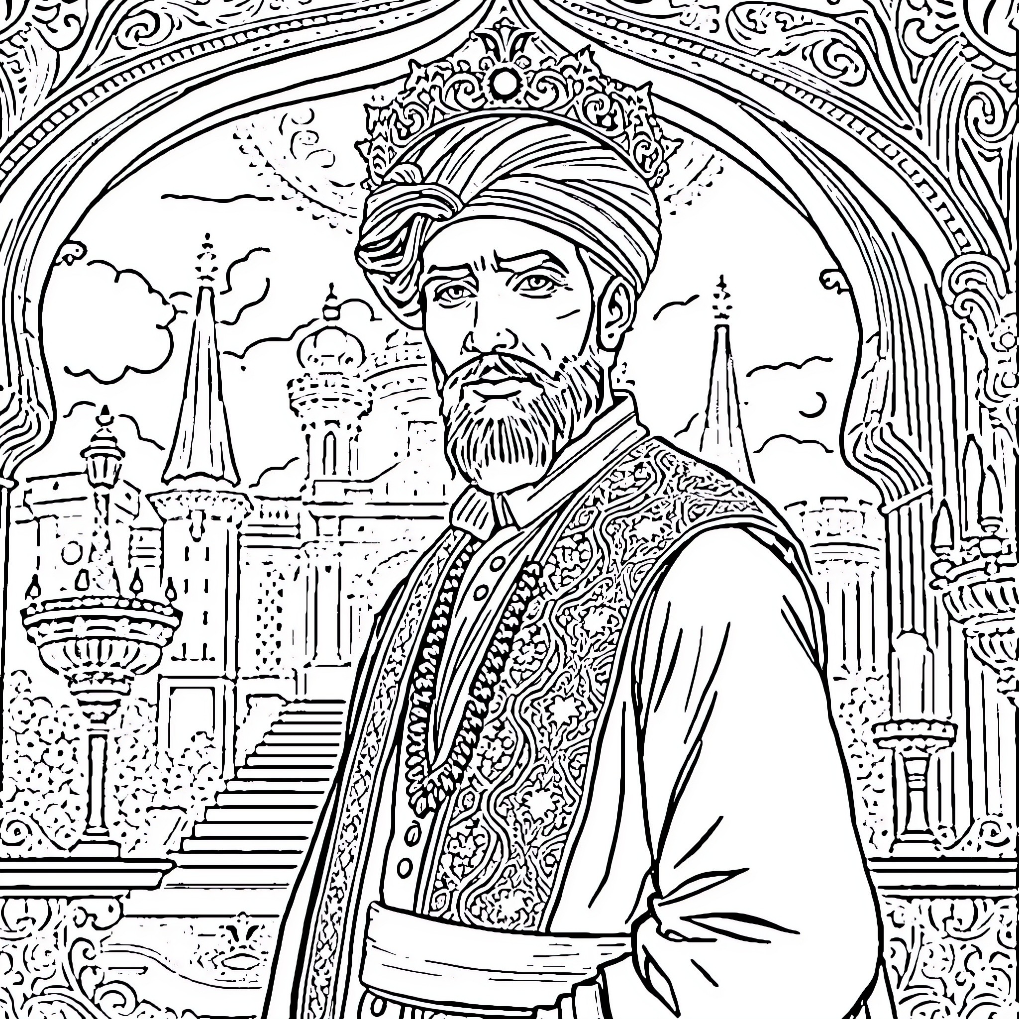 Bauer in ornate robes with imperial architecture Coloring Page (free black-and-white line drawing printable PDF for all, from beginners to advanced learners, including children, teens, adults, and seniors)