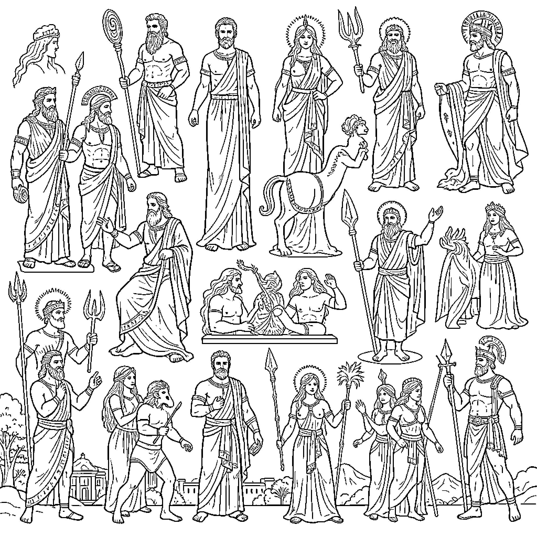 Greek Mythology: Diverse Figures, Expressions, and Attire Coloring Page (free black-and-white line drawing printable PDF for all, from beginners to advanced learners, including children, teens, adults, and seniors)