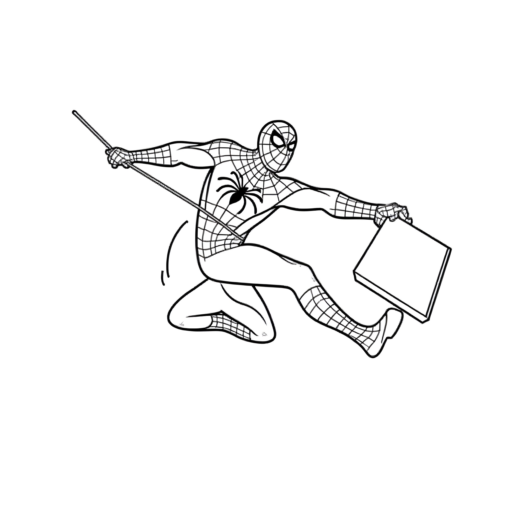 Spiderman swinging with webbing and briefcase Coloring Page (free black-and-white line drawing printable PDF for all, from beginners to advanced learners, including children, teens, adults, and seniors)