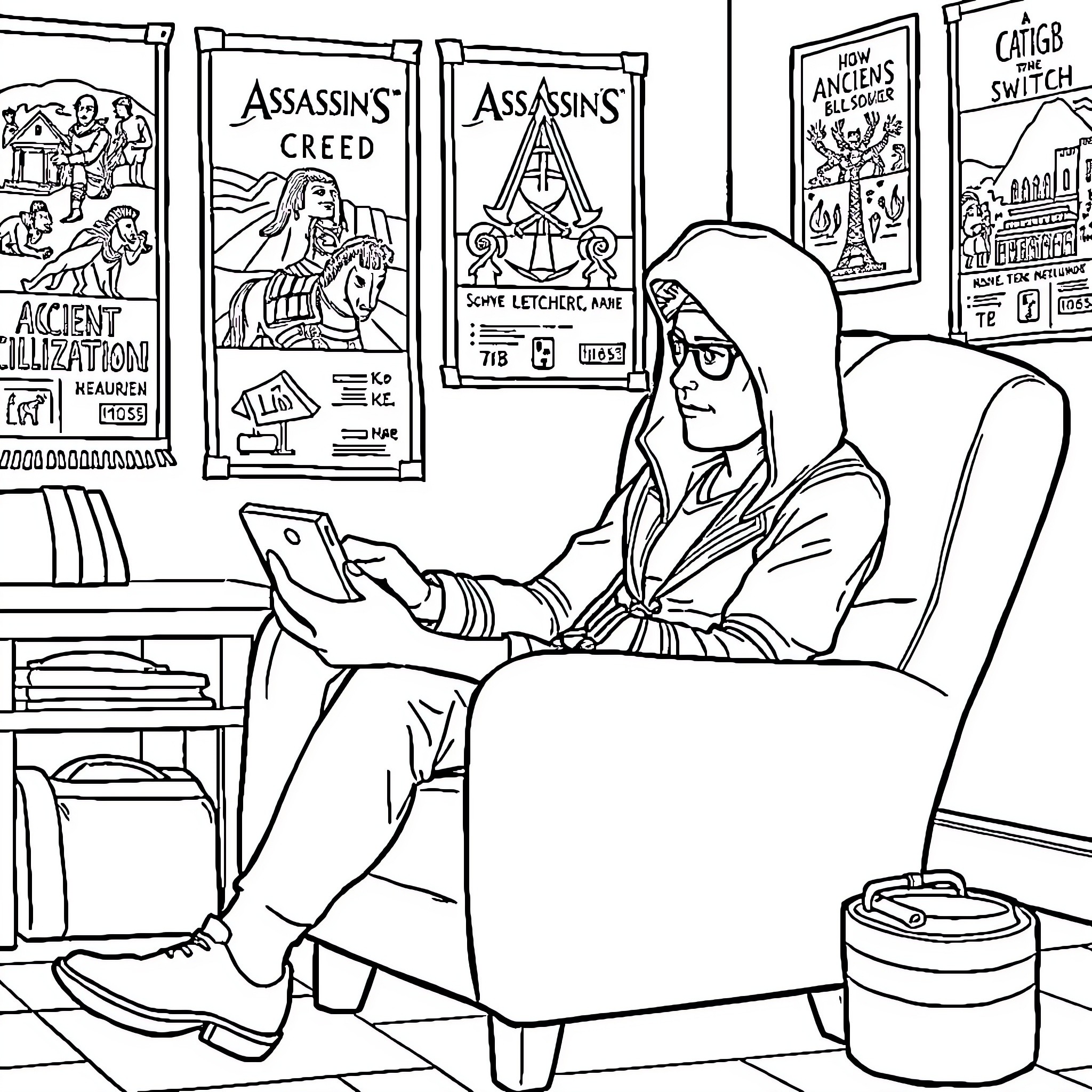 Teacher enjoying video game in the classroom Coloring Page (free black-and-white line drawing printable PDF for all, from beginners to advanced learners, including children, teens, adults, and seniors)