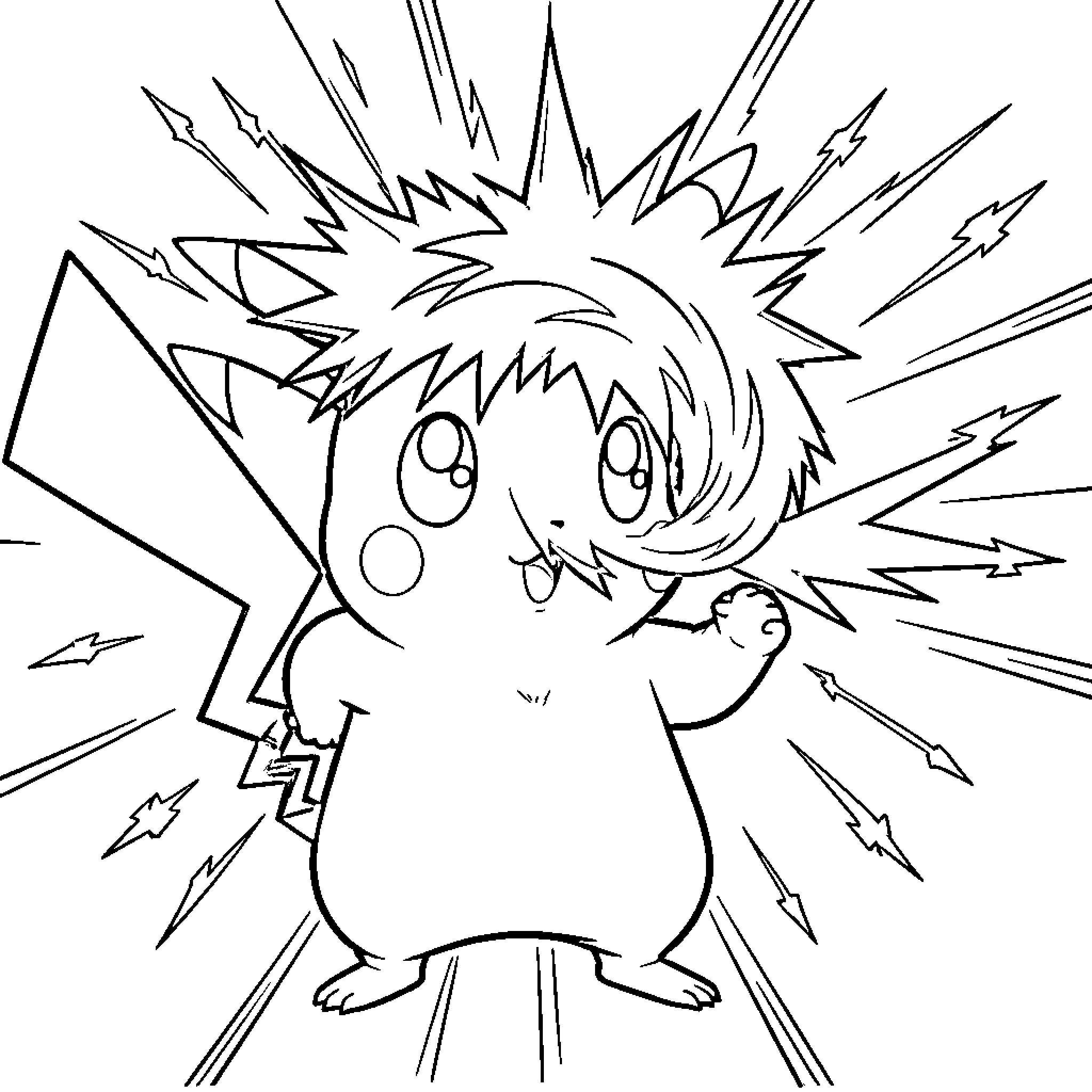 Pikachu Zapping with Electricity Coloring Page (free black-and-white line drawing printable PDF for all, from beginners to advanced learners, including children, teens, adults, and seniors)