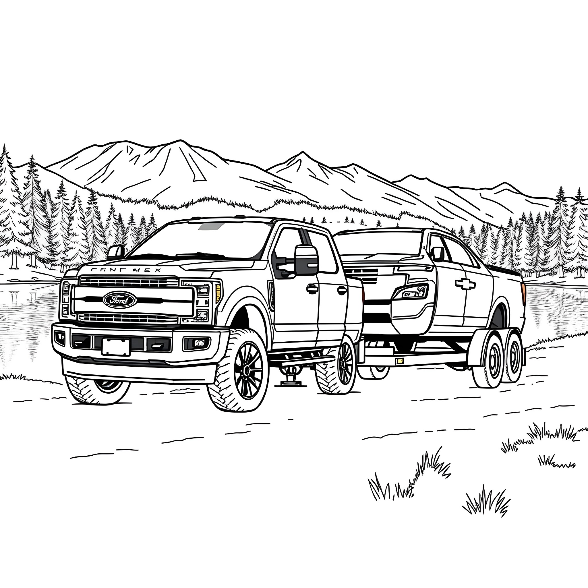 Truck carrying equipment in mountain landscape Coloring Page (free black-and-white line drawing printable PDF for all, from beginners to advanced learners, including children, teens, adults, and seniors)