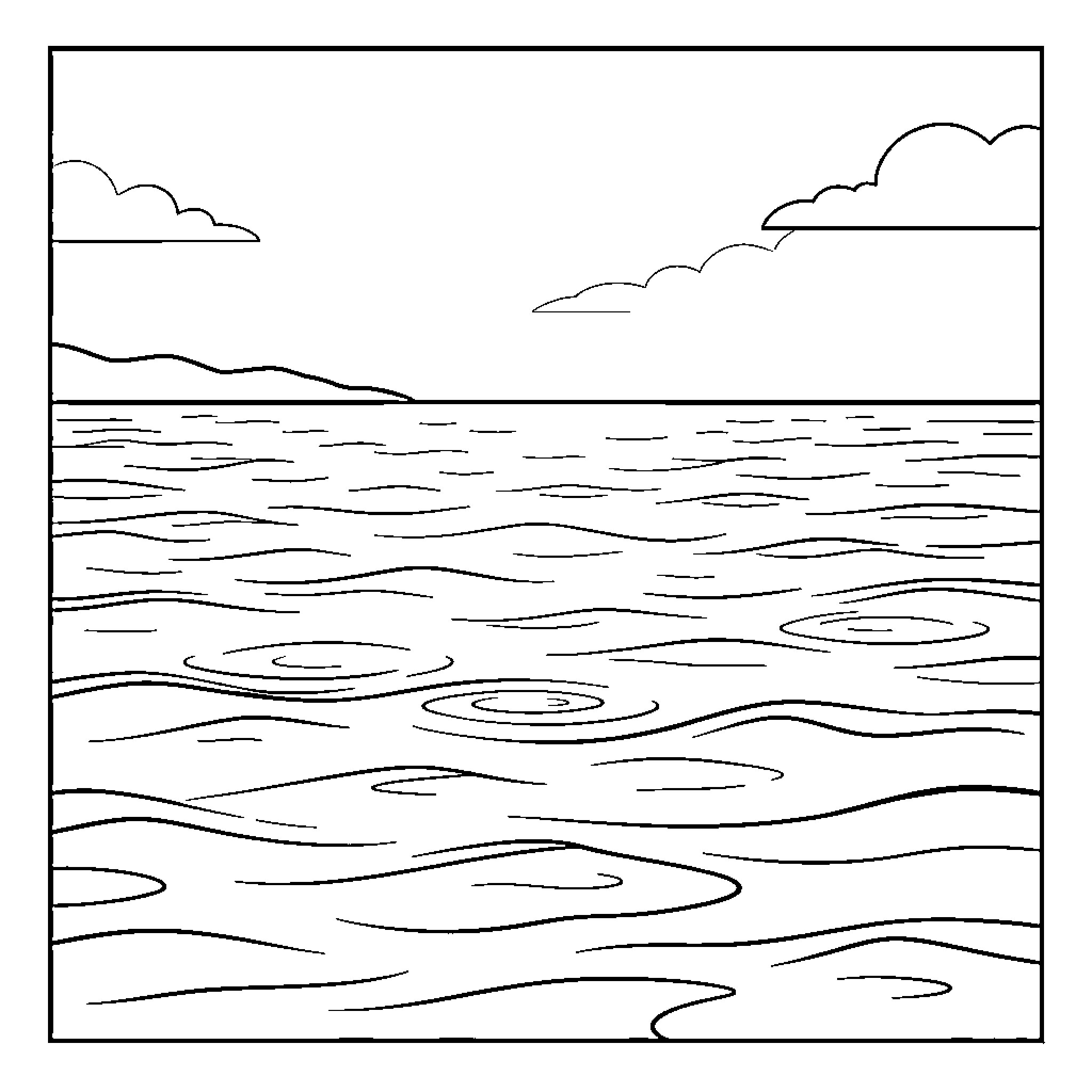 Water Waves Crashing on the Shore Coloring Page (free black-and-white line drawing printable PDF for all, from beginners to advanced learners, including children, teens, adults, and seniors)