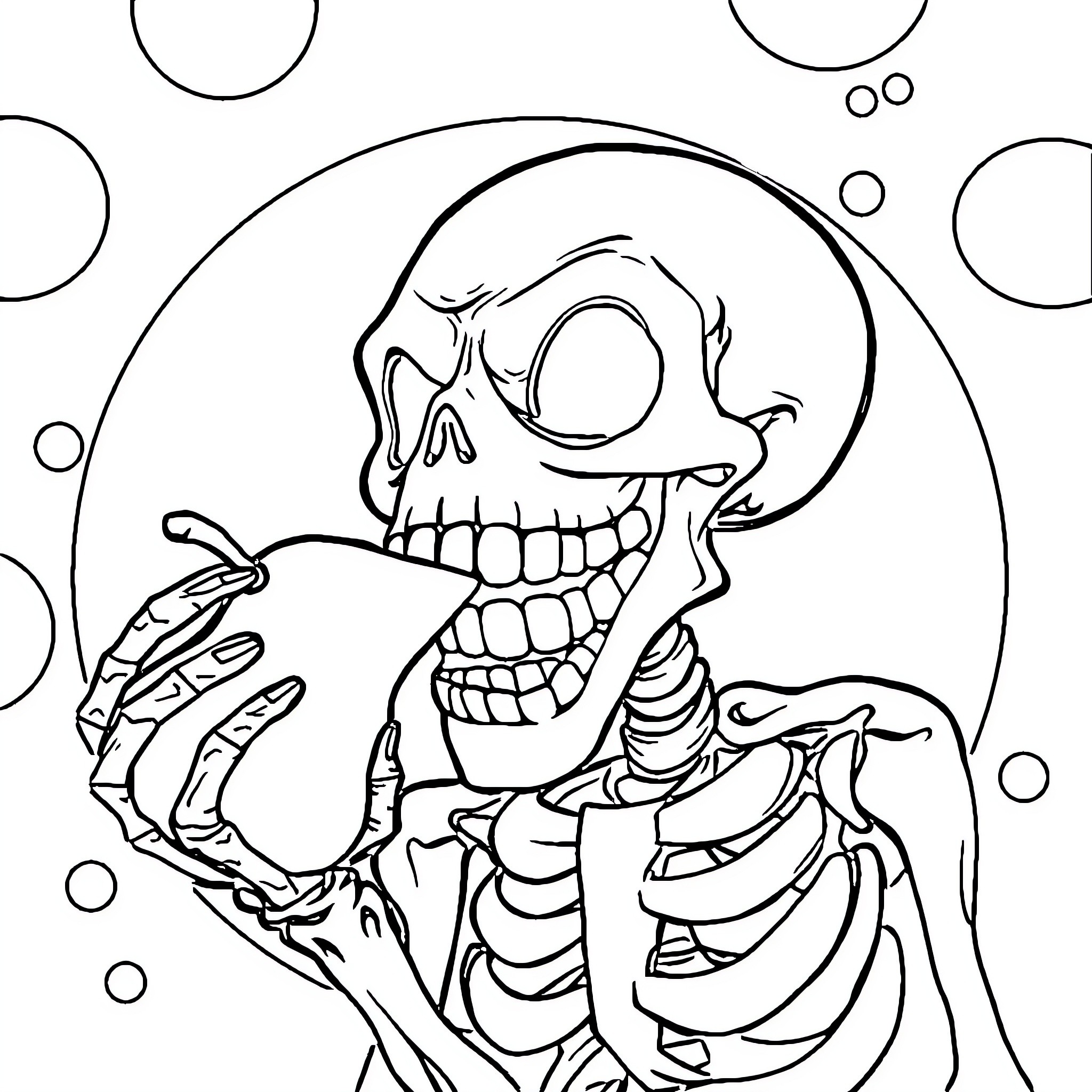 Skeleton laughing playfully in a surreal scene Coloring Page (free black-and-white line drawing printable PDF for all, from beginners to advanced learners, including children, teens, adults, and seniors)