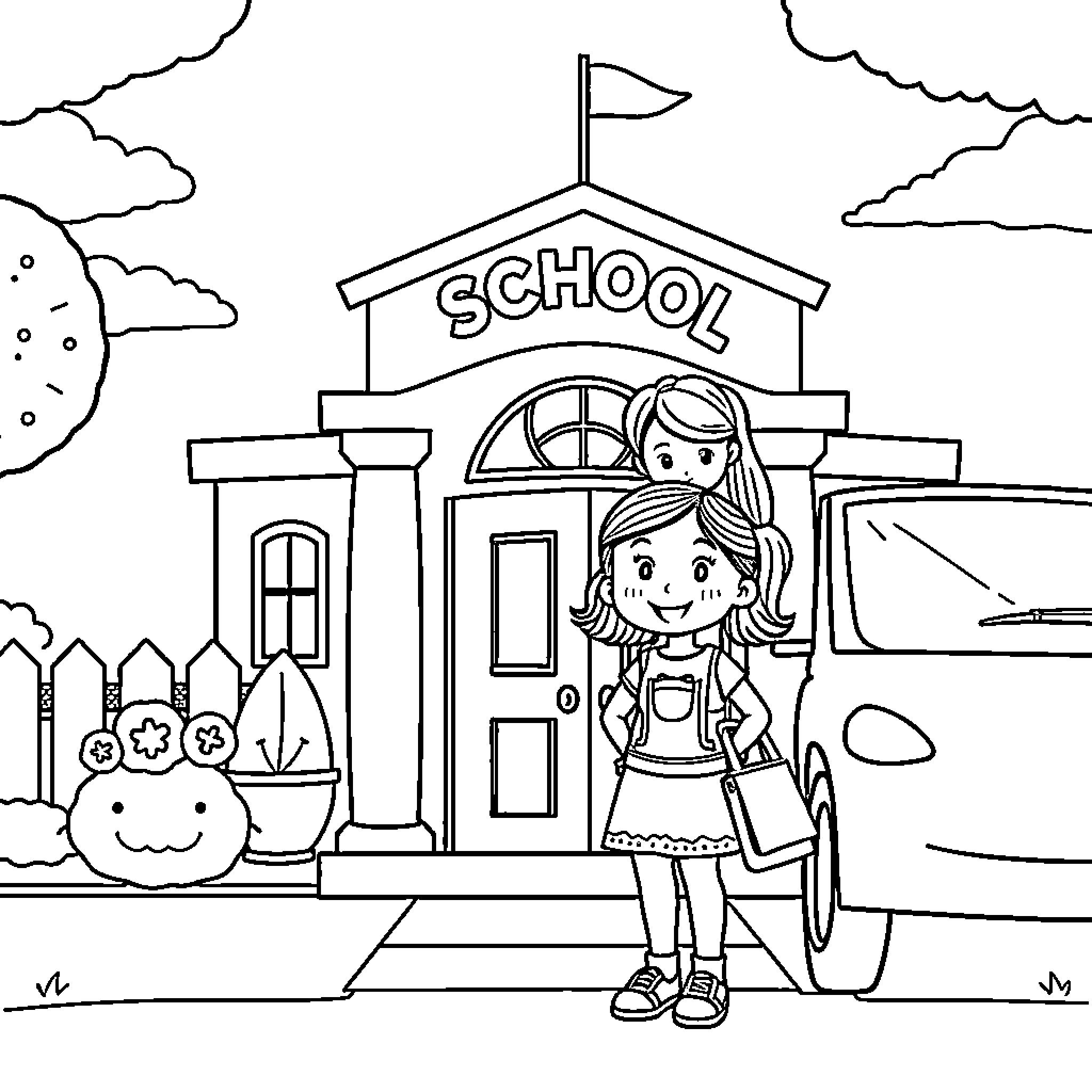 Child arriving at school with backpack Coloring Page (free black-and-white line drawing printable PDF for all, from beginners to advanced learners, including children, teens, adults, and seniors)