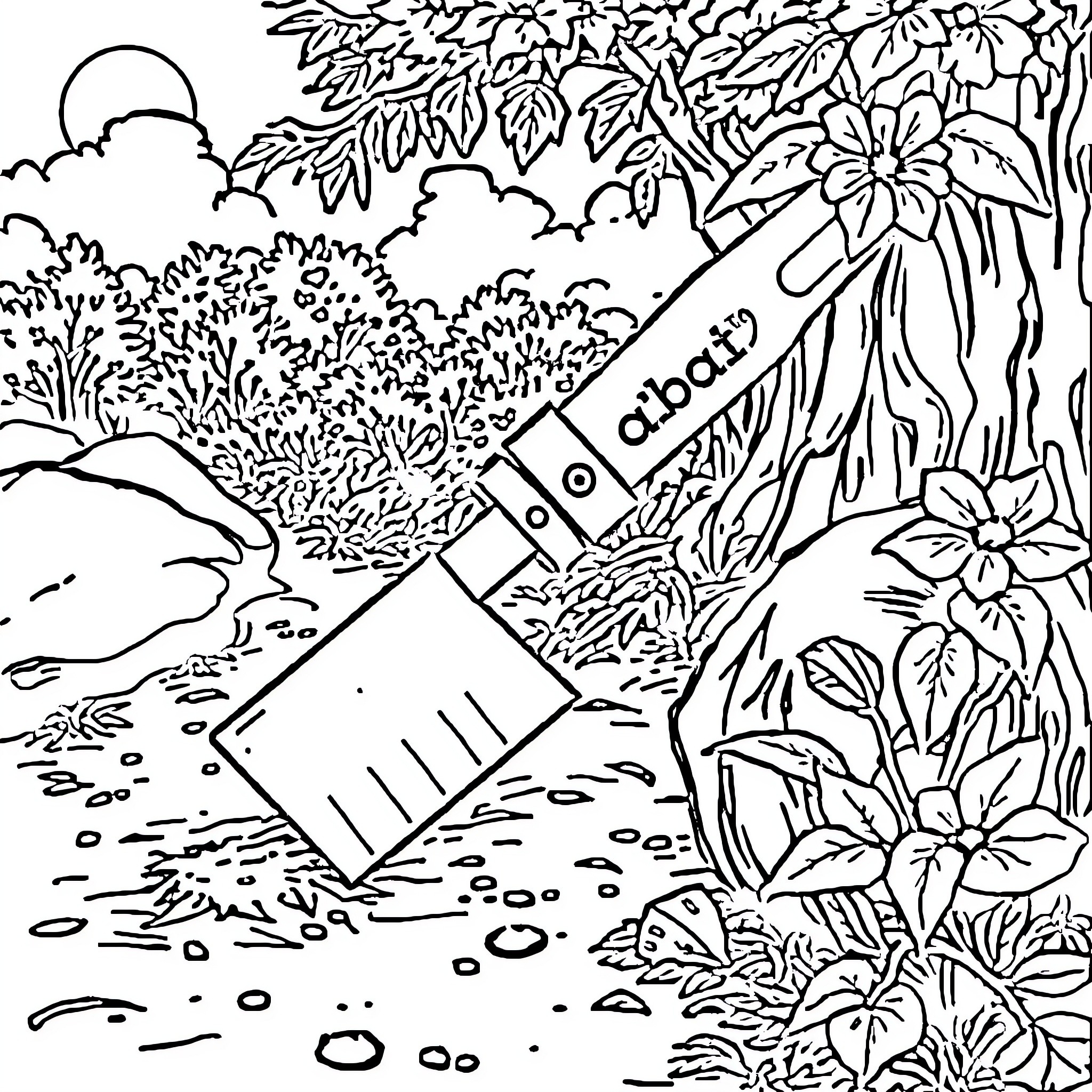 Heavy Equipment Painting in Lush Garden Scene Coloring Page (free black-and-white line drawing printable PDF for all, from beginners to advanced learners, including children, teens, adults, and seniors)