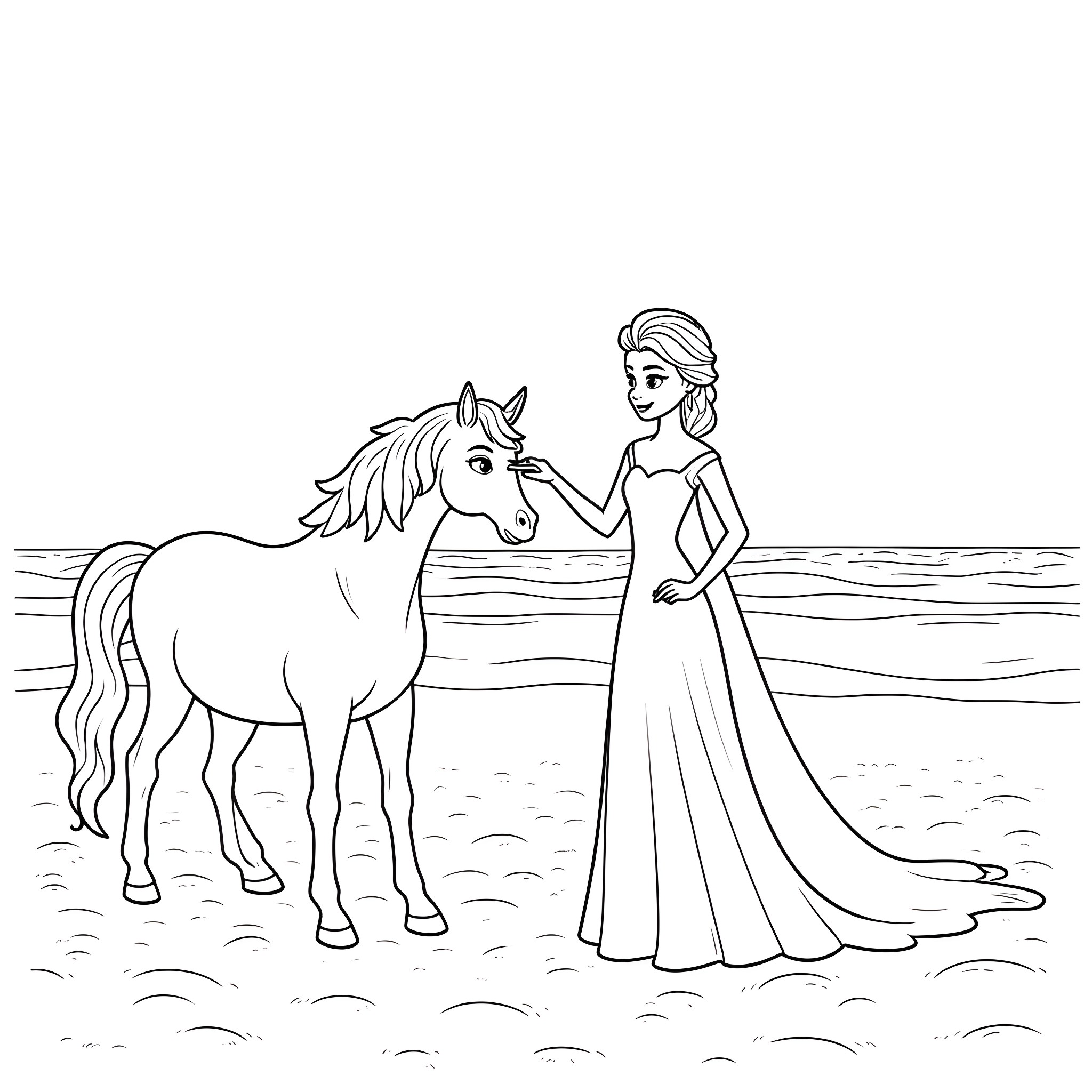 Unicorn and a princess in elegant dress by the sea Coloring Page (free black-and-white line drawing printable PDF for all, from beginners to advanced learners, including children, teens, adults, and seniors)