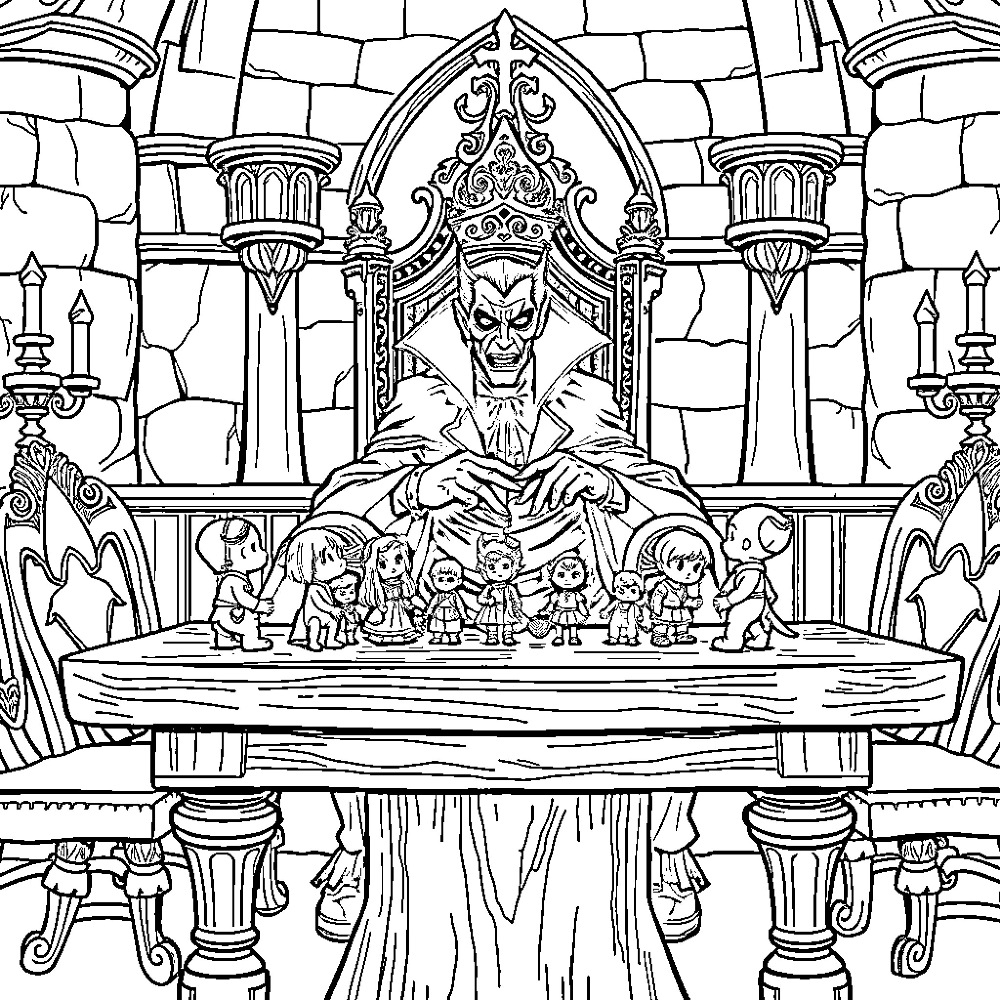 Villain presiding over a sinister gathering Coloring Page (free black-and-white line drawing printable PDF for all, from beginners to advanced learners, including children, teens, adults, and seniors)