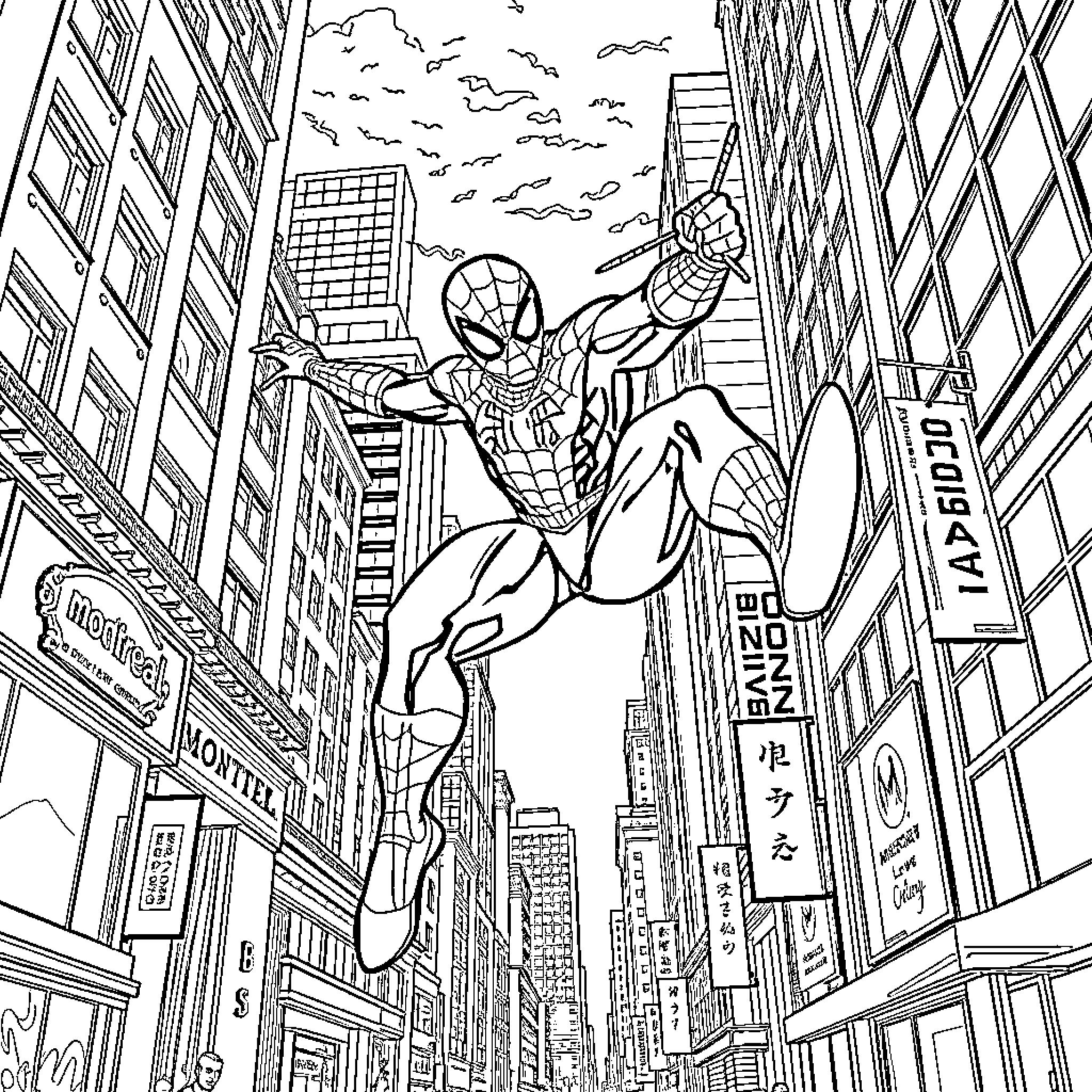 Spider-Man swinging through the city skyline Coloring Page (free black-and-white line drawing printable PDF for all, from beginners to advanced learners, including children, teens, adults, and seniors)