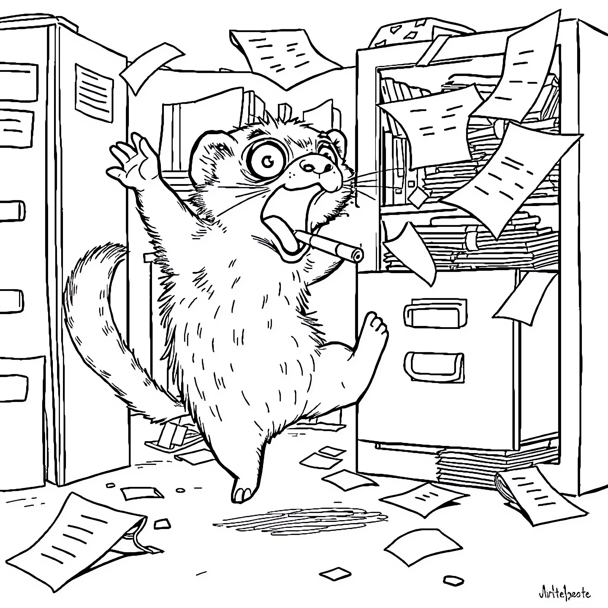 Ferret causing chaos in an office environment Coloring Page (free black-and-white line drawing printable PDF for all, from beginners to advanced learners, including children, teens, adults, and seniors)