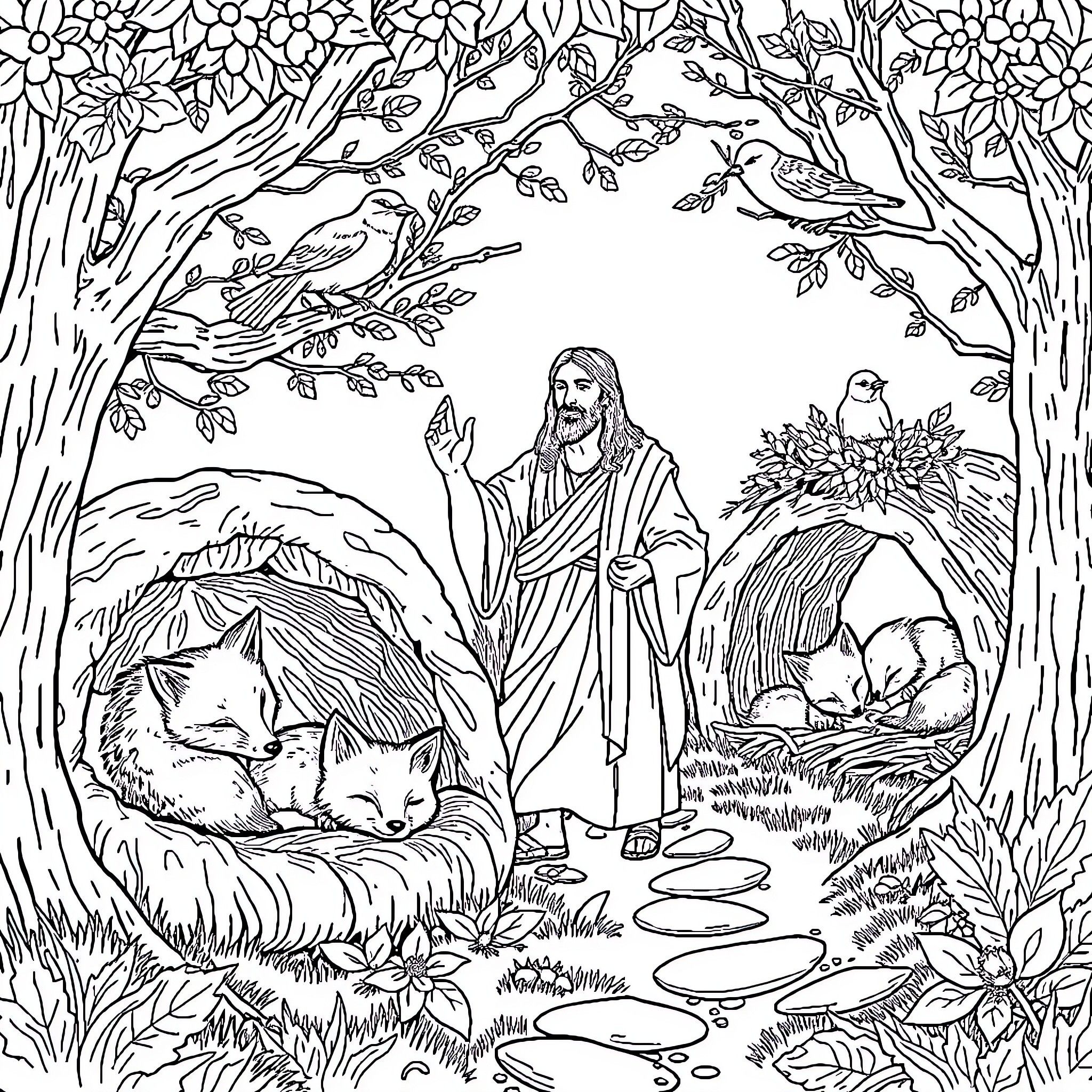 Fox Figures Among Flowers and Nature Coloring Page (free black-and-white line drawing printable PDF for all, from beginners to advanced learners, including children, teens, adults, and seniors)