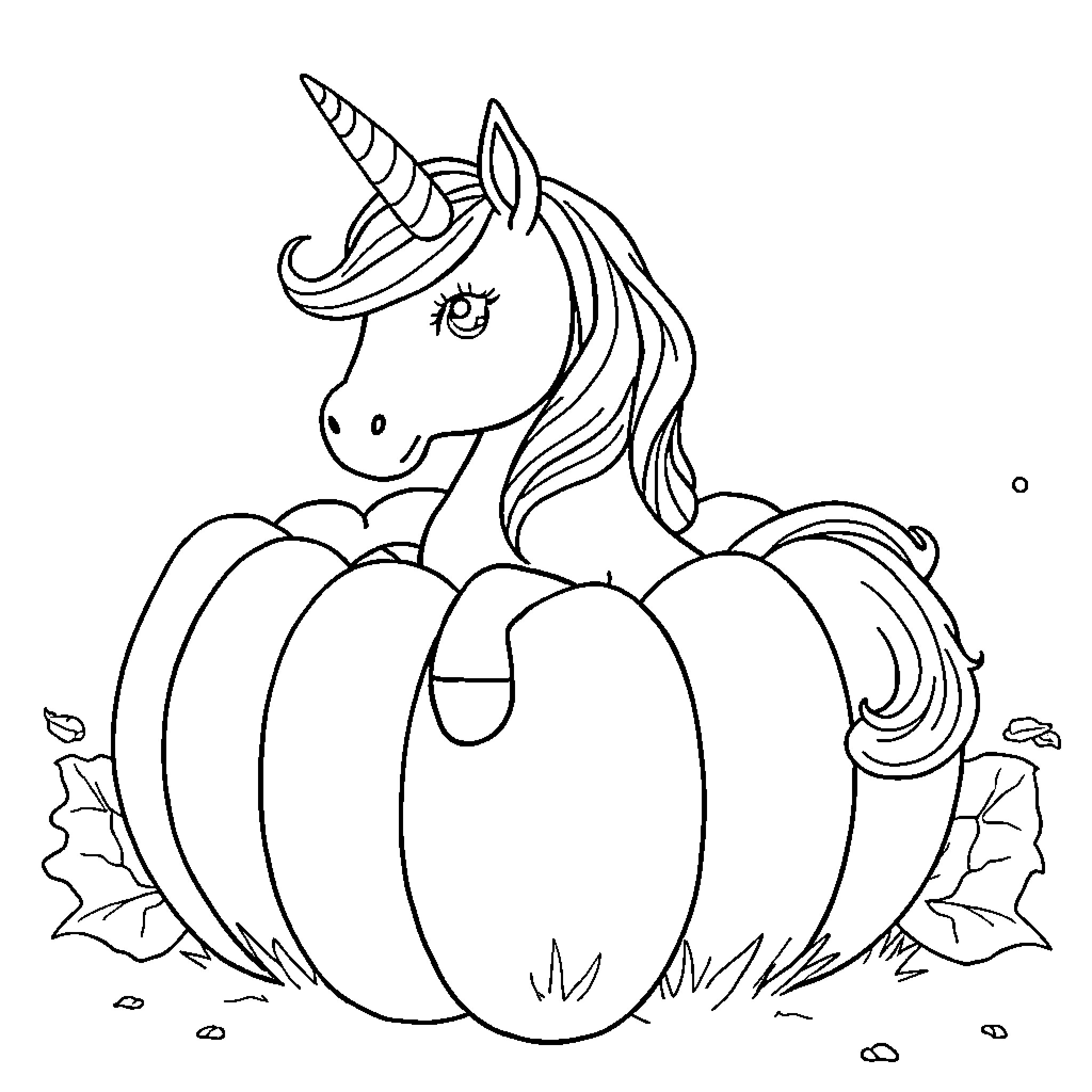 Unicorn resting peacefully on a pumpkin Coloring Page (free black-and-white line drawing printable PDF for all, from beginners to advanced learners, including children, teens, adults, and seniors)