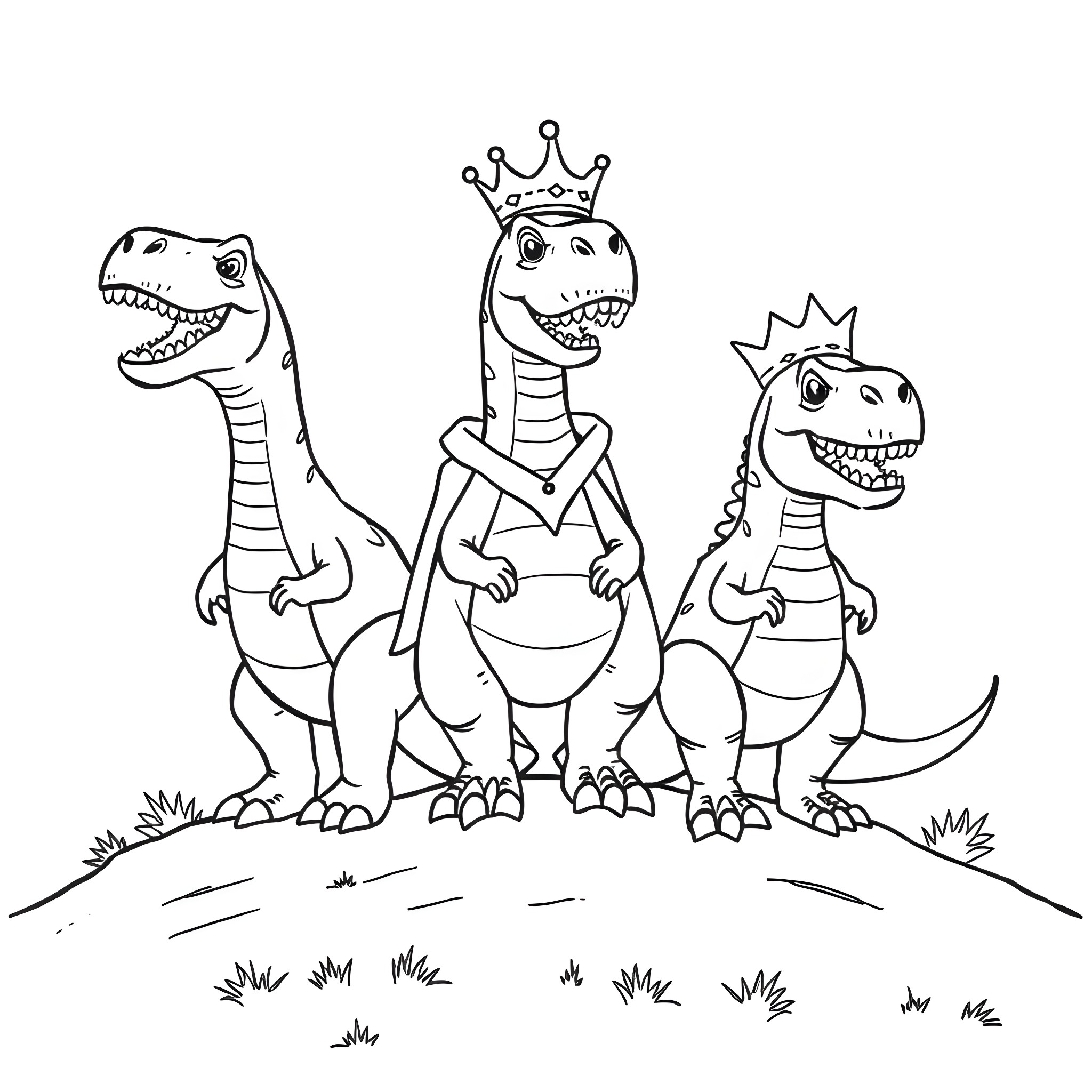 Dinosaurs dressed as royalty in a playful scene Coloring Page (free black-and-white line drawing printable PDF for all, from beginners to advanced learners, including children, teens, adults, and seniors)